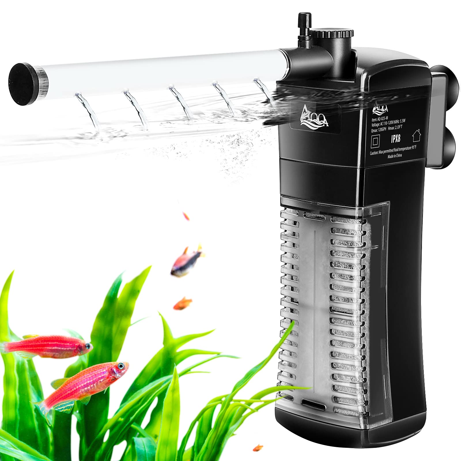 Aqqa Aquarium Internal Filter Submersible Power Filter In-Tank With Adjustable Water Flow, Ultra Silent Sponge Filter For Fish T