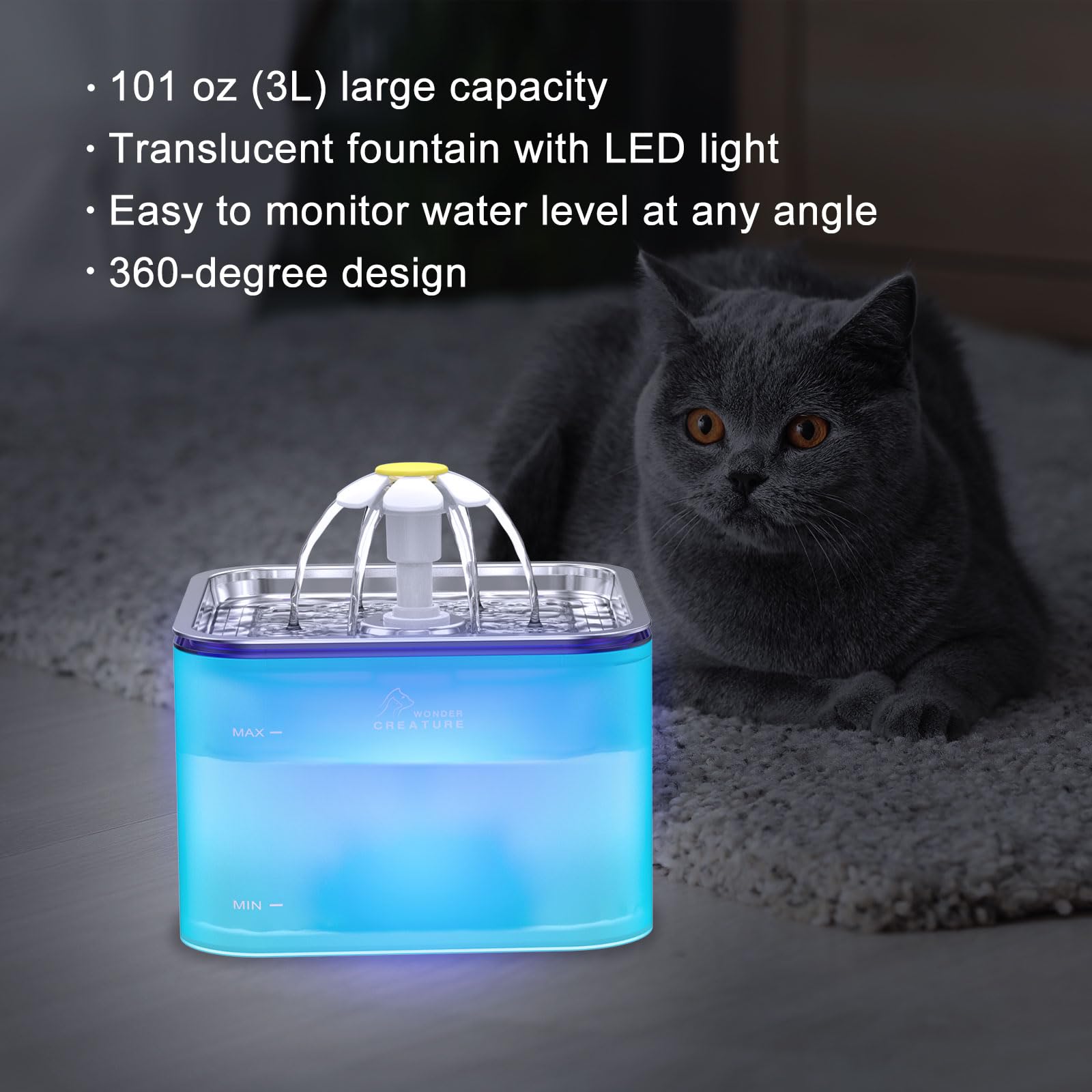 Crystal Cat Water Fountain Stainless Steel, 101oz/3L Pet Fountain with LED Light for Cats and Dogs (Green)
