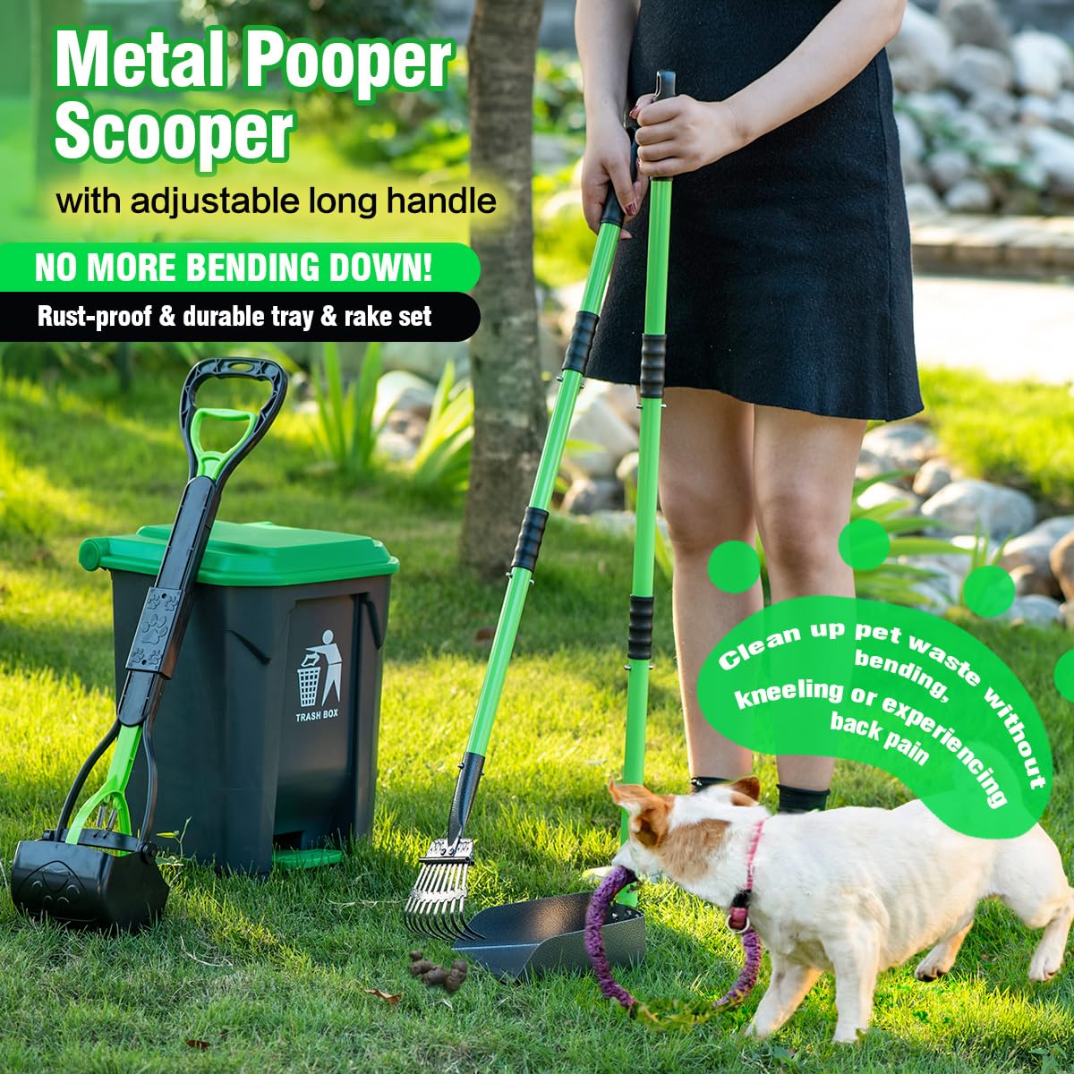 MXF Pooper Scooper Set - 28'' Dog Pooper Scooper & Long Handle Stainless Metal Tray&Rake, 15 Litre Step Dog Poop Trash Can w/Rem