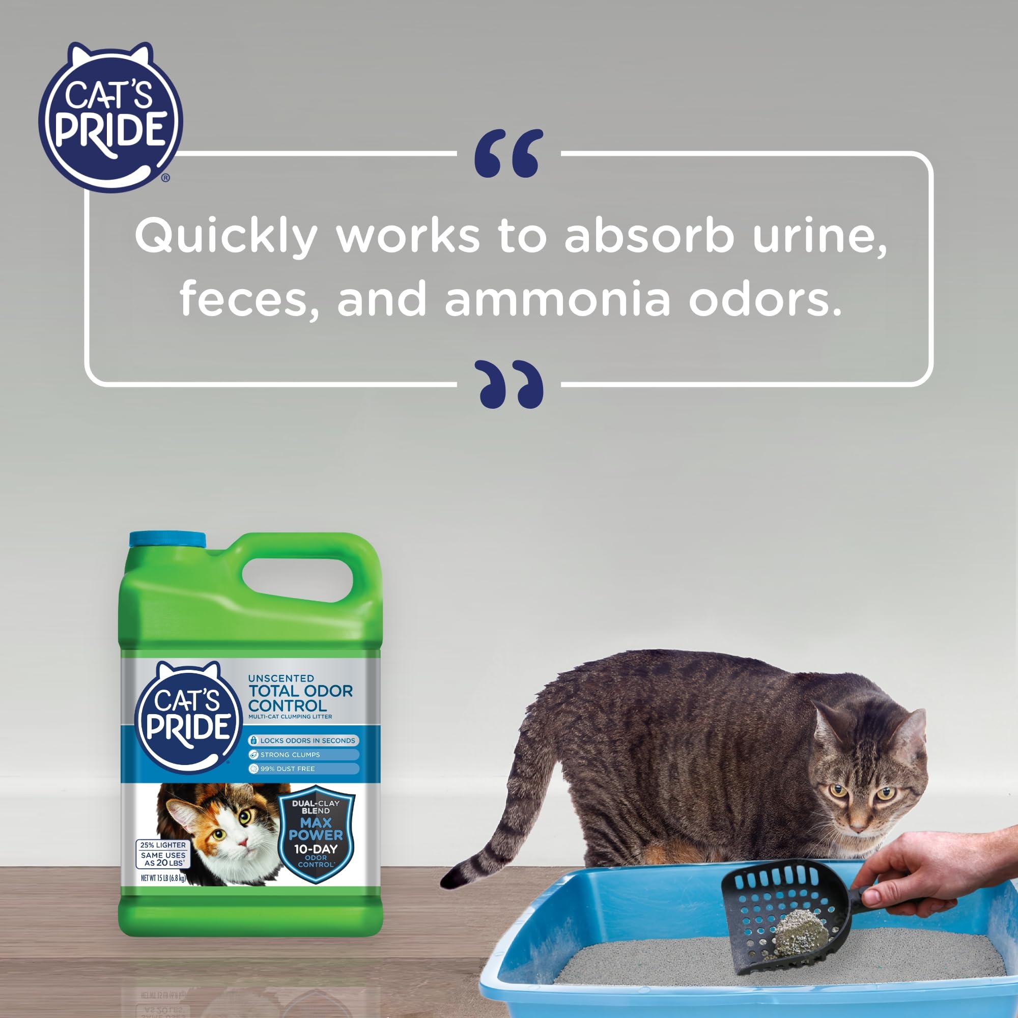 Cat'S Pride Max Power: Total Odor Control - Up To 10 Days Of Powerful Odor Control - Strong Clumping - Hypoallergenic - 99% Dust Free - Multi-Cat Litter, Unscented, 15 Pounds