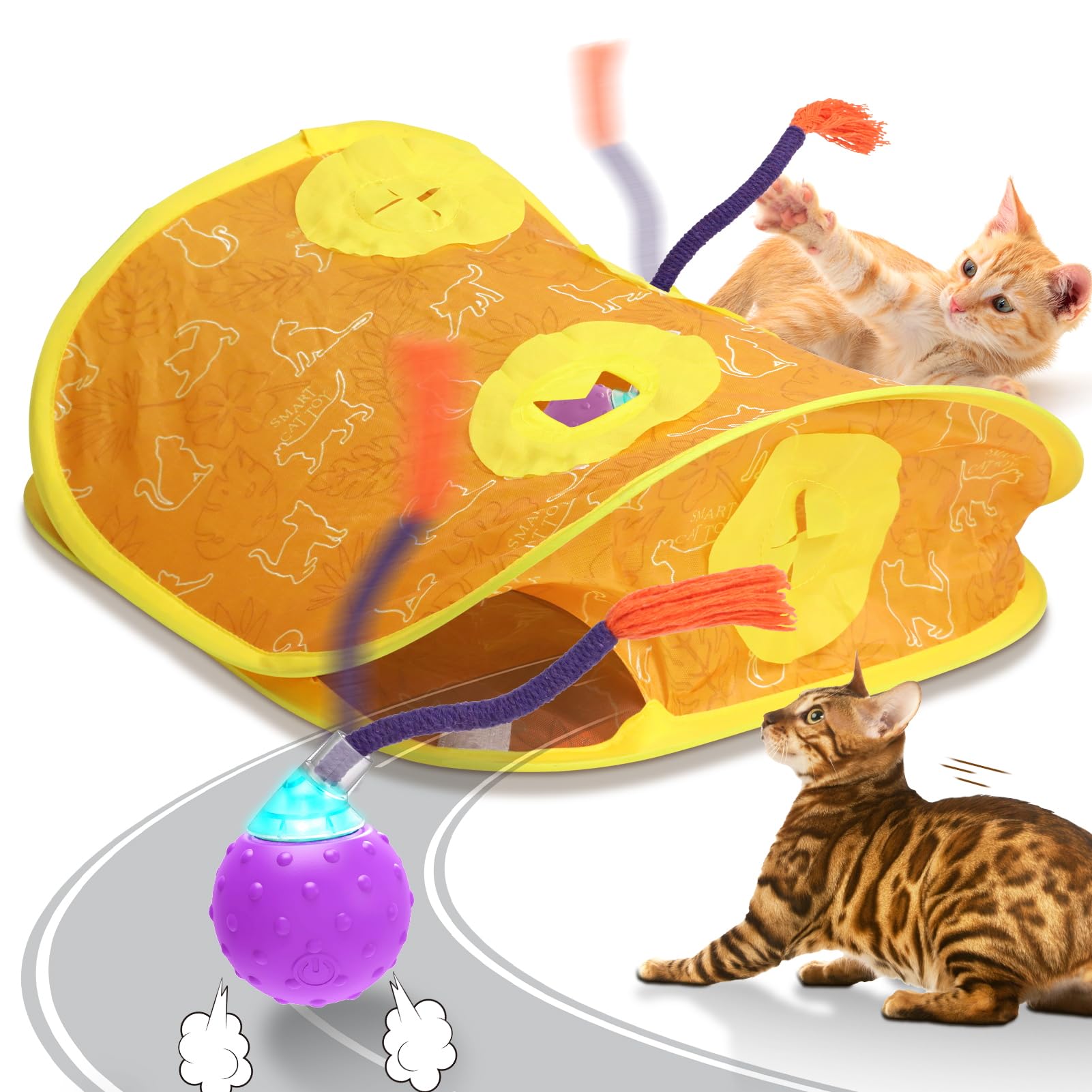 Bentopal Cat Toys Interactive Electric Cat Ball In Mice Holes, Pop N Play Cat Toys With Collapsible Cat Play Tunnel