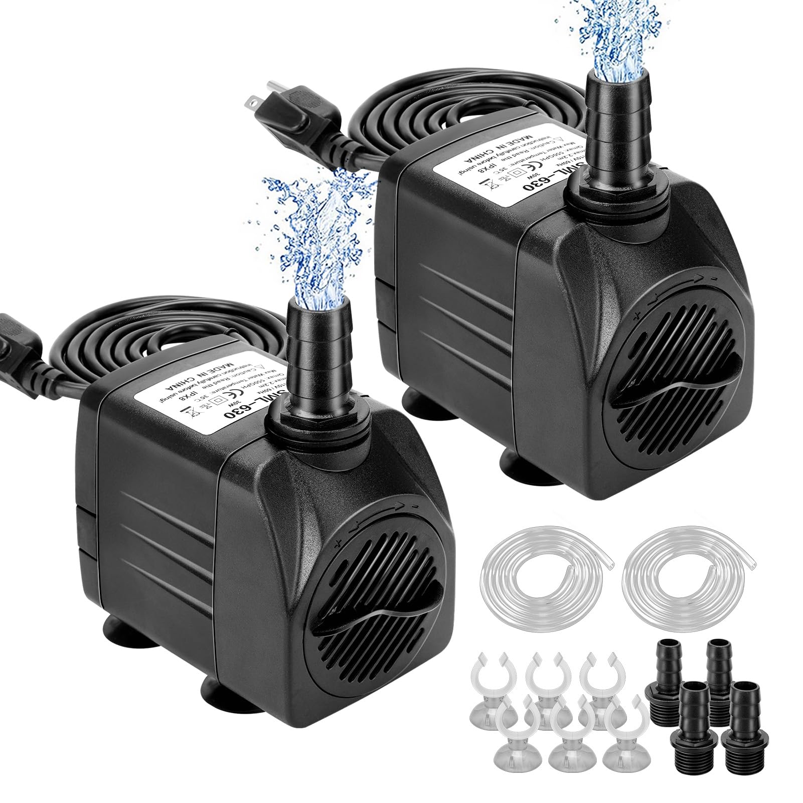 Growneer 2 Packs 550Gph Submersible Pump 30W Ultra Quiet Fountain Water Pump, 2000L/H, With 7.2Ft High Lift, 3 Nozzles, 4.9 Feet Tubing For Aquarium, Fish Tank, Pond, Hydroponics, Statuary