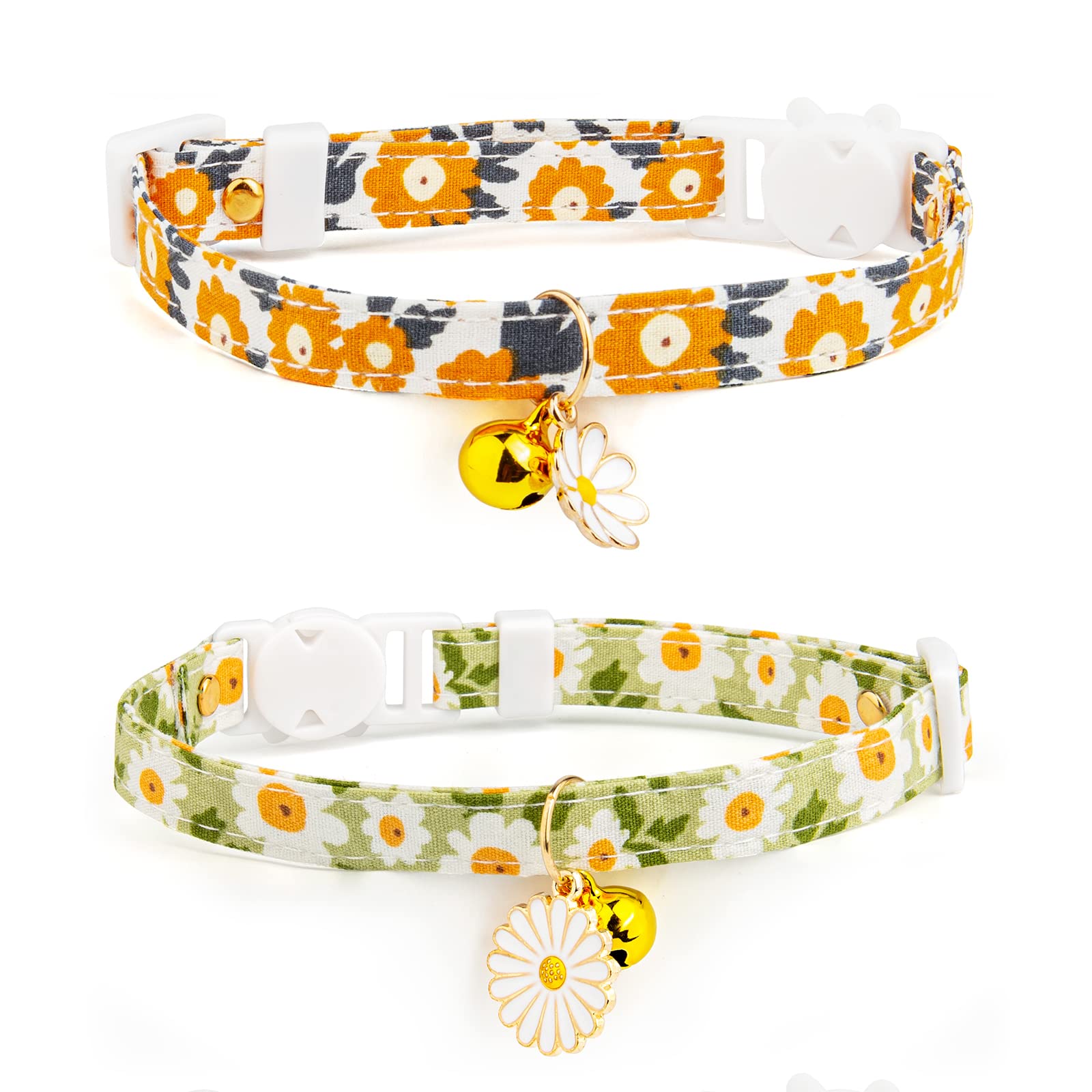 Liugjiau 2 Pack Cotton Breakaway Cat Collars With Bell,Green&Orange Daisy Pendant Cute Cat Collar Kitten Collar,Ideal For Girl C