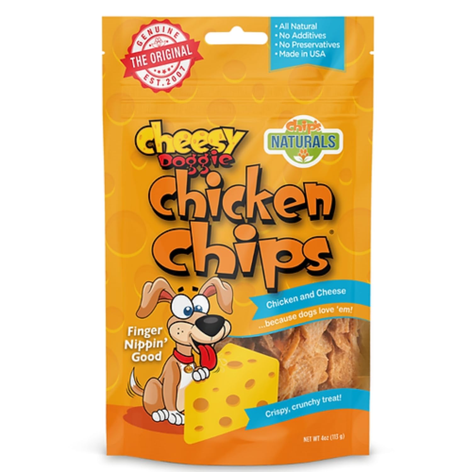 Chips Naturals Cheesy Flavored Doggie Chicken Chips - Small 4 oz Natural High Protein Low Calorie Dog Treats, Grain Free Gluten