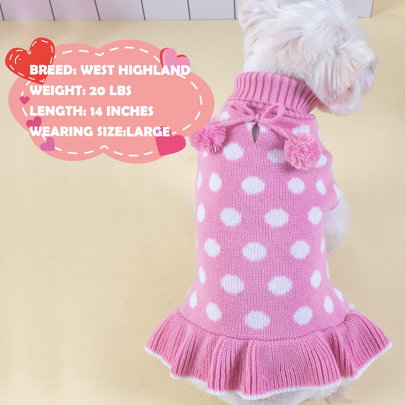 Kyeese Dog Sweater Dress For Small Dogs Pink Dog Sweater Polkadot With Leash Hole