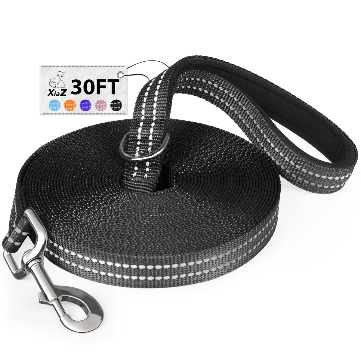Xiaz 30 Feet Dog Training Leash, Nylon, Black, Reflective, Padded Handle, 550 Lbs Bearing, Lightweight Suitable For Small, Mediu