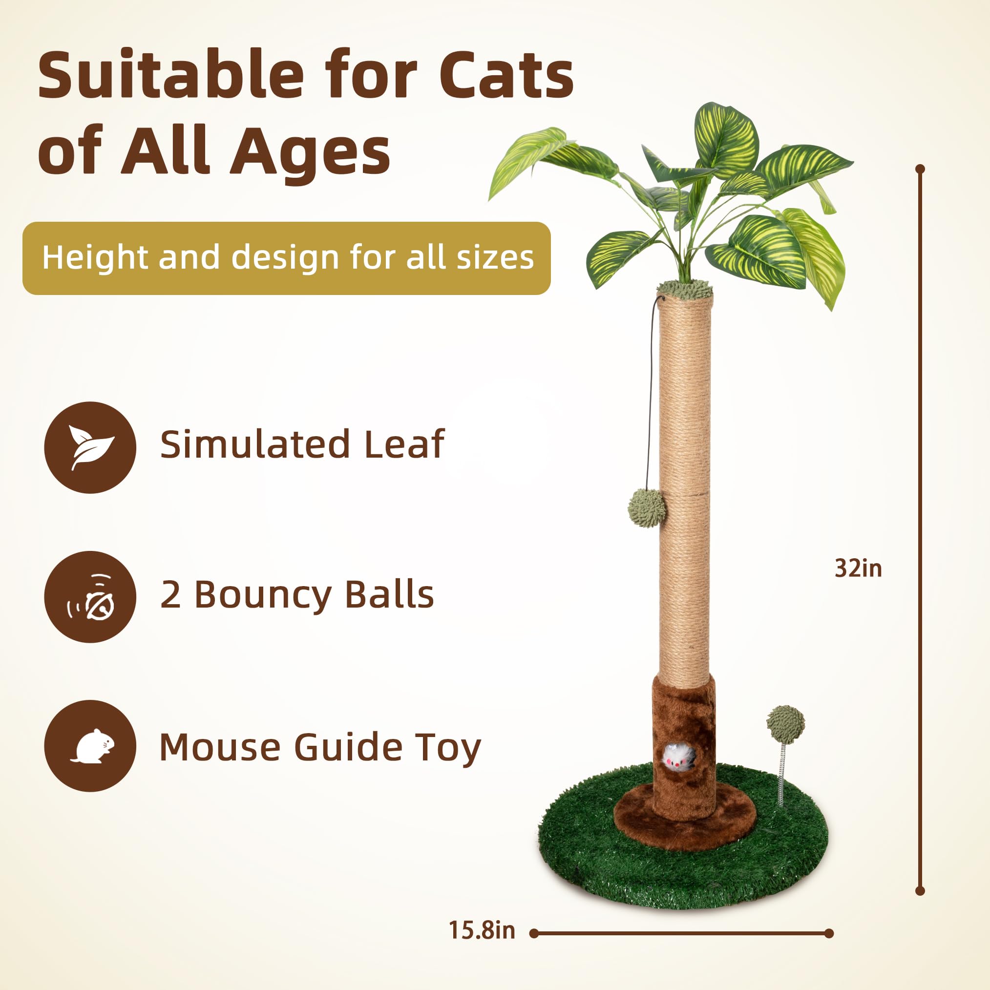 Meowoou Cat Scratching Post For Indoor Cats And Kitten, 35    Tall Monstera Cat Scratching Post With Sisal Hanging Interactive B