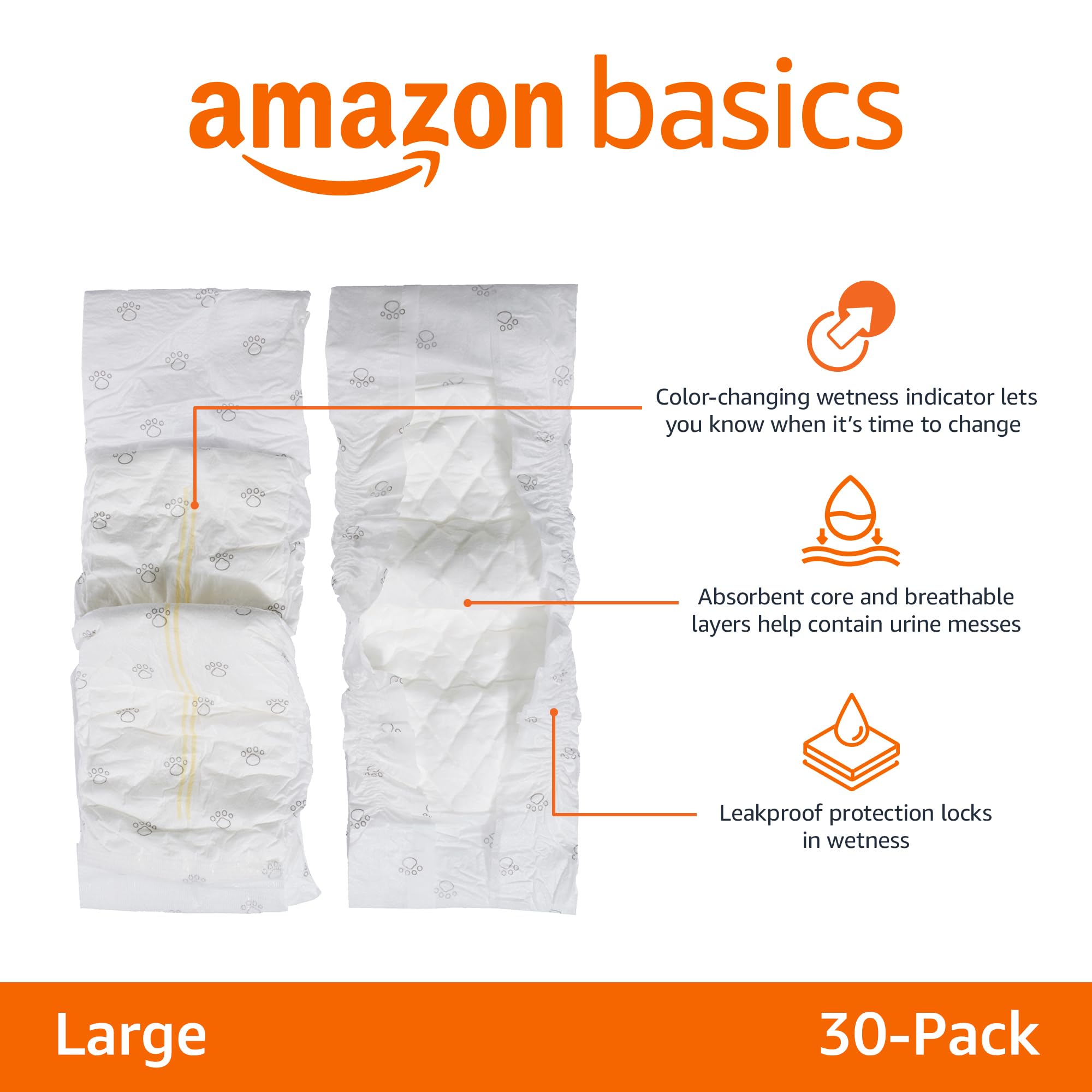 Amazon Basics Male Dog Diapers, 30 Count, Large, Ultra Absorbent Disposable Wrap With Secure Fit, Leakproof And Comfortable