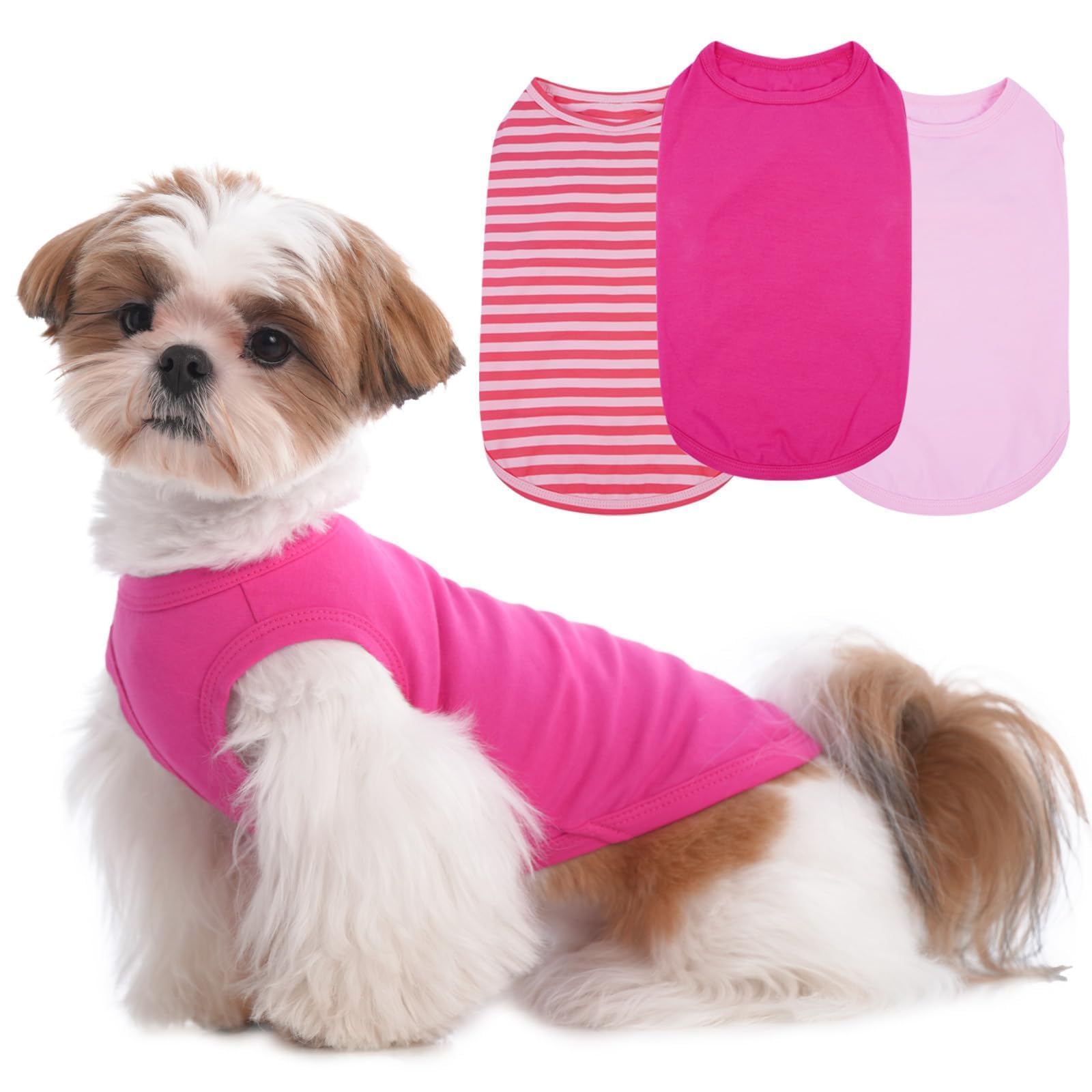 3 Pack Pink Striped Dog T-Shirt For Small Dogs,Sleeveless Shirts Set For Spring,Summer Sun Protection,Lightweight For Park Walki