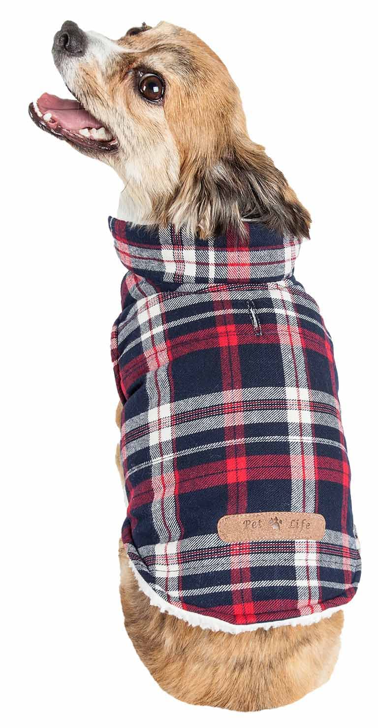 Pet Life ® 'Puddler' Classical Plaid Dog Coat - Insulated Plaid Dog Jacket with Reversible Sherpa Lining - Winter Dog Clothes for Small Medium Large Dogs