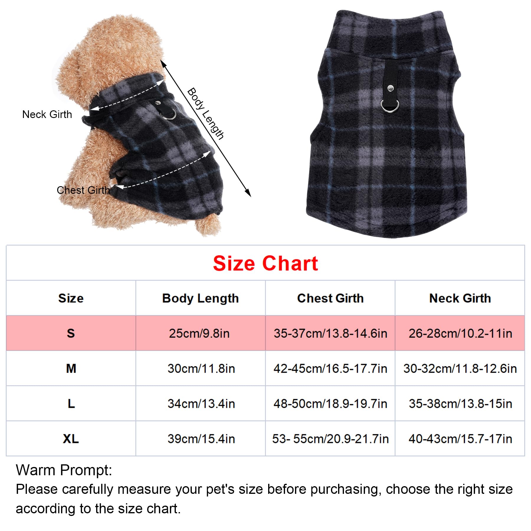 Rbenxia 4 Pieces Buffalo Plaid Dog Sweaters with Leash Ring Soft Fleece Vest Warm Dog Pullover Jacket Dog Clothes Winter Dog Out