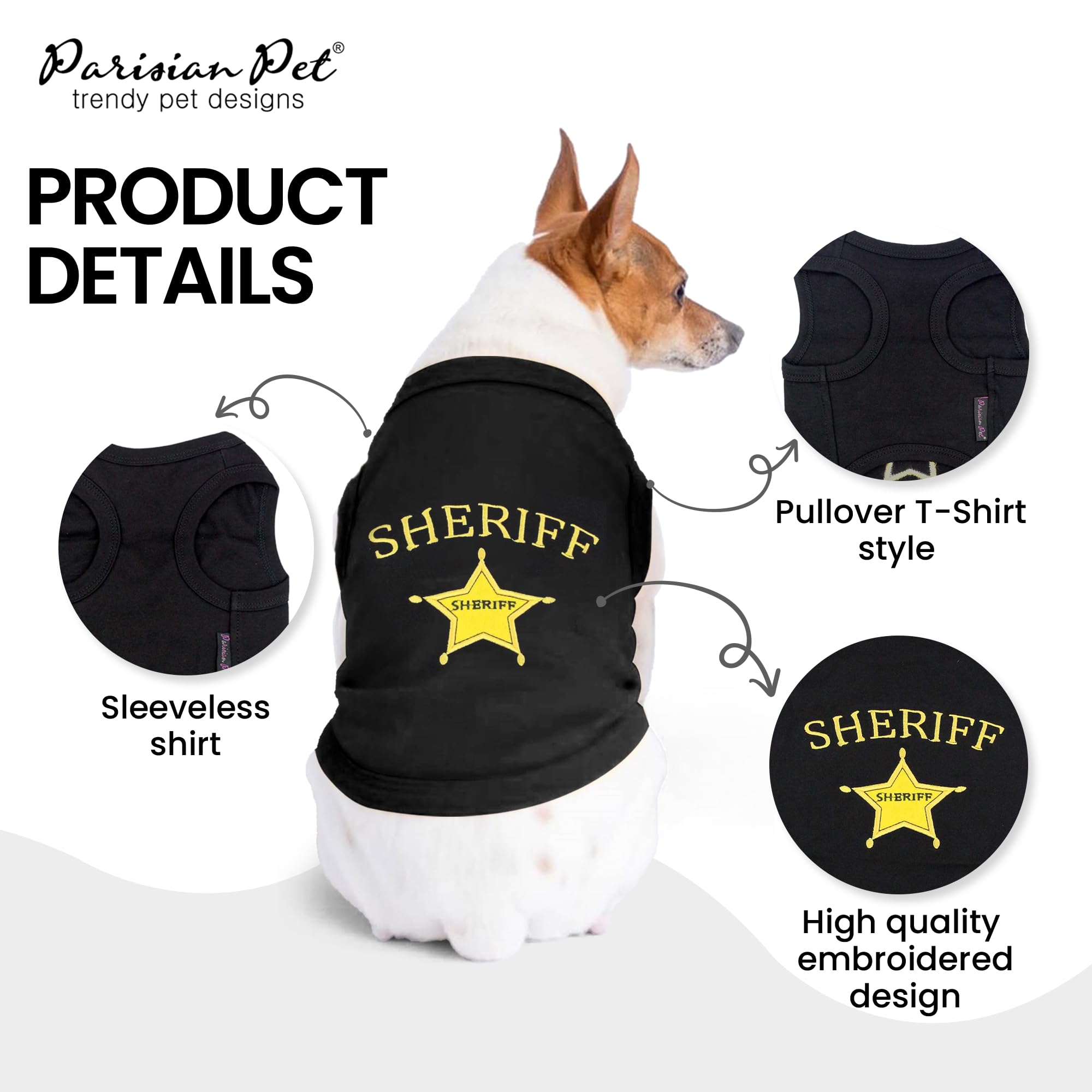 Parisian Pet Dog Tshirt - Embroidered “ Sheriff “ Dog Shirt - Lightweight And Skin Friendly Dog Clothes - Sleeveless Dog Tee Shirts - Machine Washable Dog Shirt For Large Dogs - 3Xl