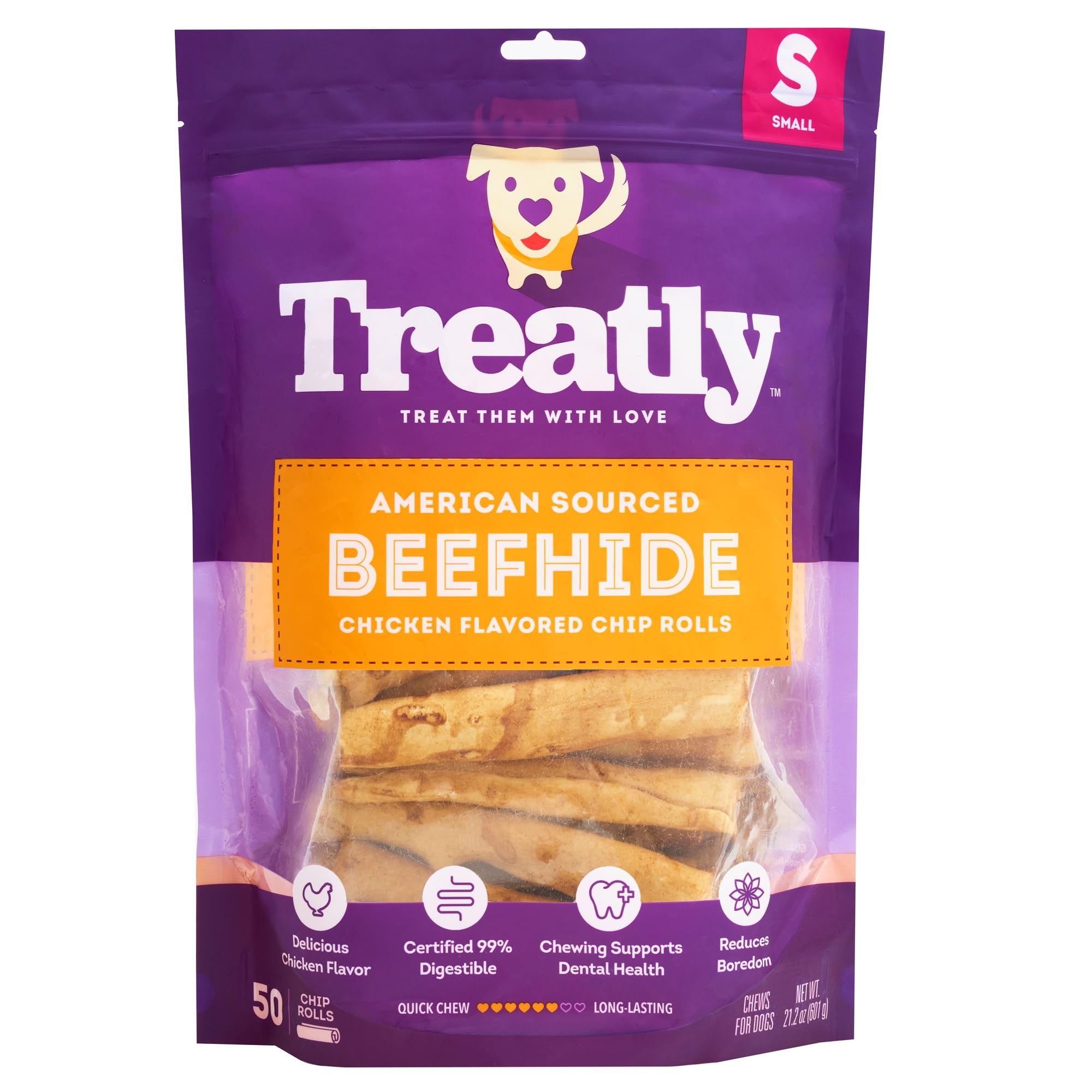 Treatly American Beefhide Chip Rolls 5-6 Dog Chew Treats - Chicken Flavor, 50 Count/1 Pack