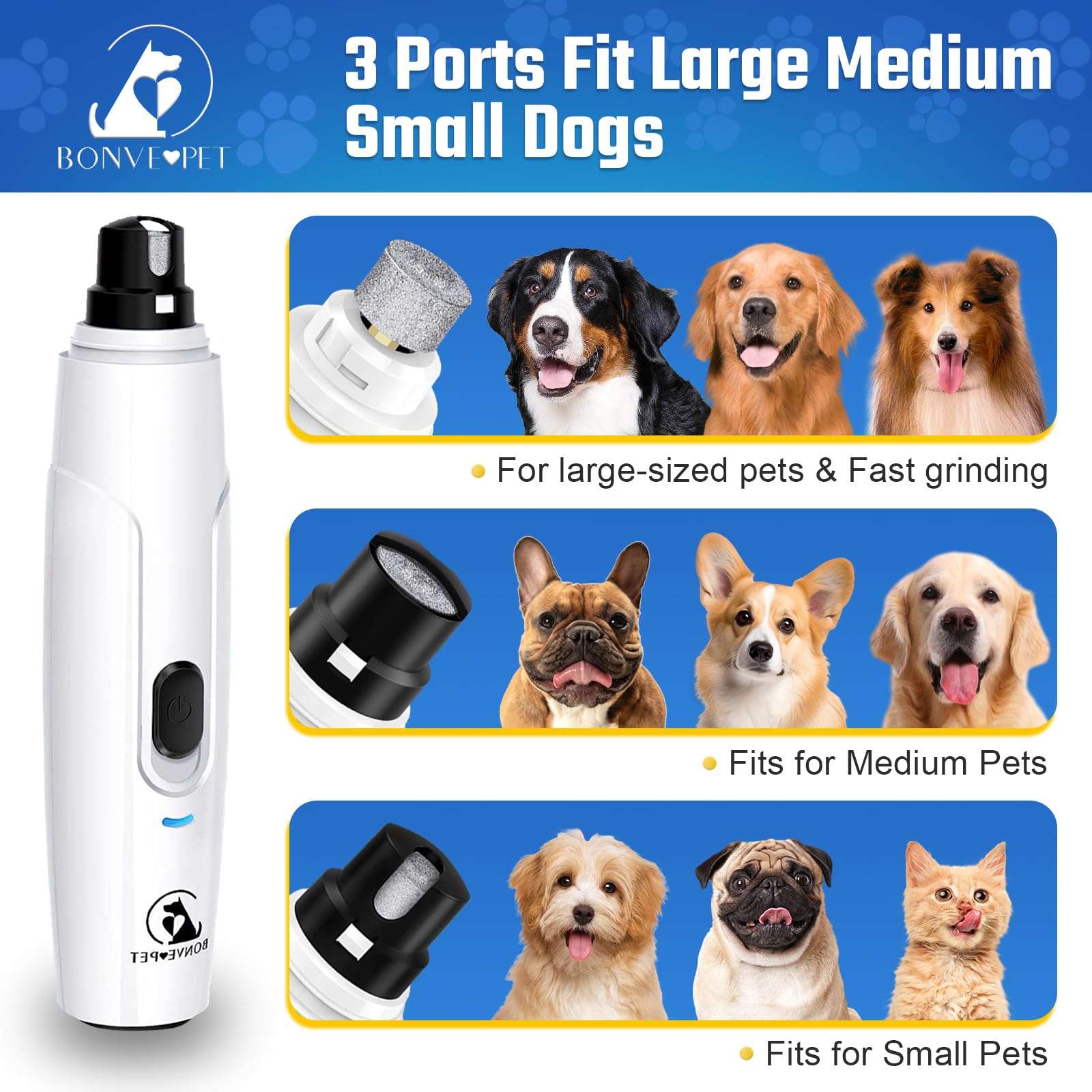 Bonve Pet Dog Nail Grinder, Upgraded Cat Dog Nail Trimmers Super Quiet Dog Nail Clipper With 2 Grinding Wheels, Usb Rechargeable Pet Nail Clippers For Small Large Cats Dogs Breed Nails