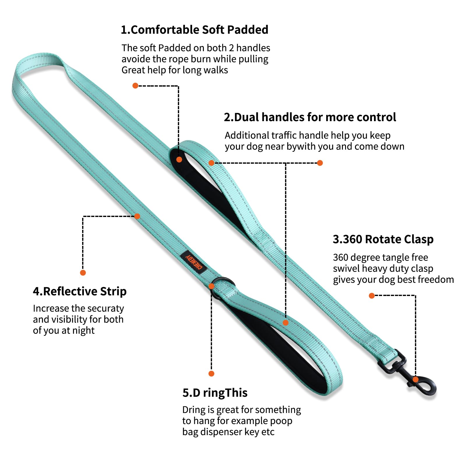 Heavy Duty Leash For Large Breed Dogs - Double Handle Reflective Training Lead - Perfect For Medium To Large Dogs (6Ft Lake Blue