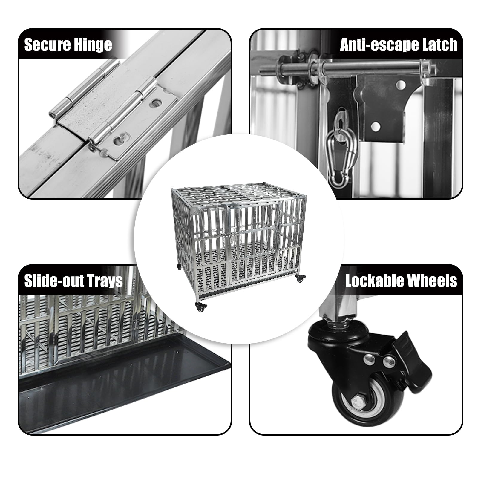 Confote 37 Inch Heavy Duty Stainless Steel Dog Cage High Anxiety Indestructible And Escape-Proof Dog Crate Kennel For Small Dogs