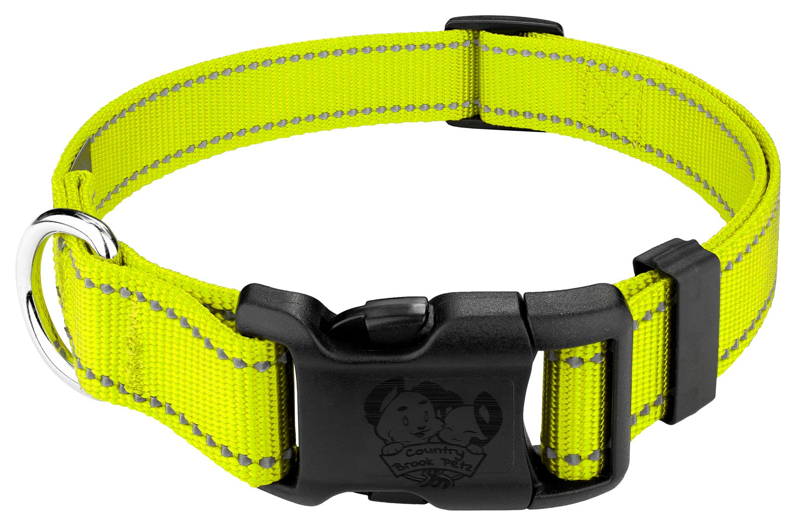 Country Brook Petz - 1 Inch Deluxe Hot Yellow Reflective Nylon Dog Collar - Medium