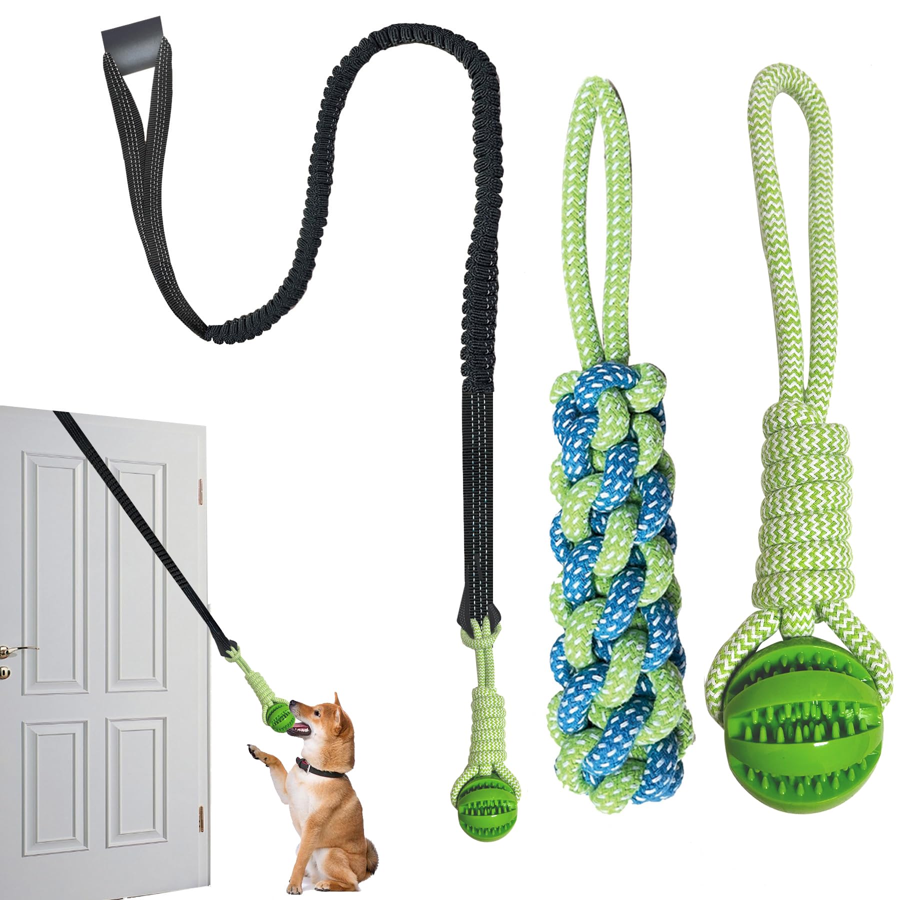 Interactive Dog Toys With Indoors/Outdoors, Tug Of War Toys For Small, Medium And Large Dogs, Green Kit Includes Elastic Cord, R