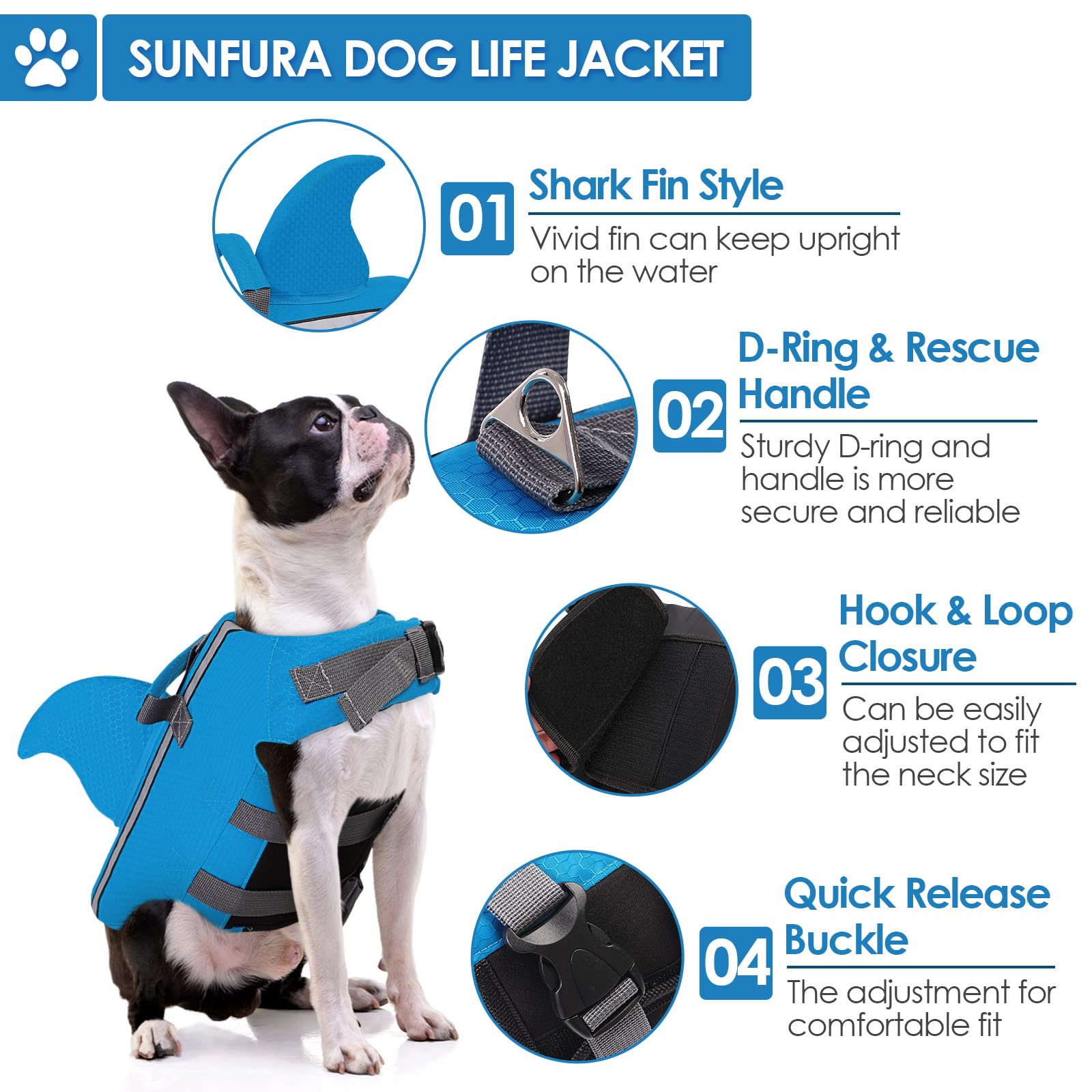 Sunfura Dog Life Jacket Shark Life Vest For Dogs, Adjustable Swmming Vest With High Buoyancy, Safety Lifesaver With Rescue Handl