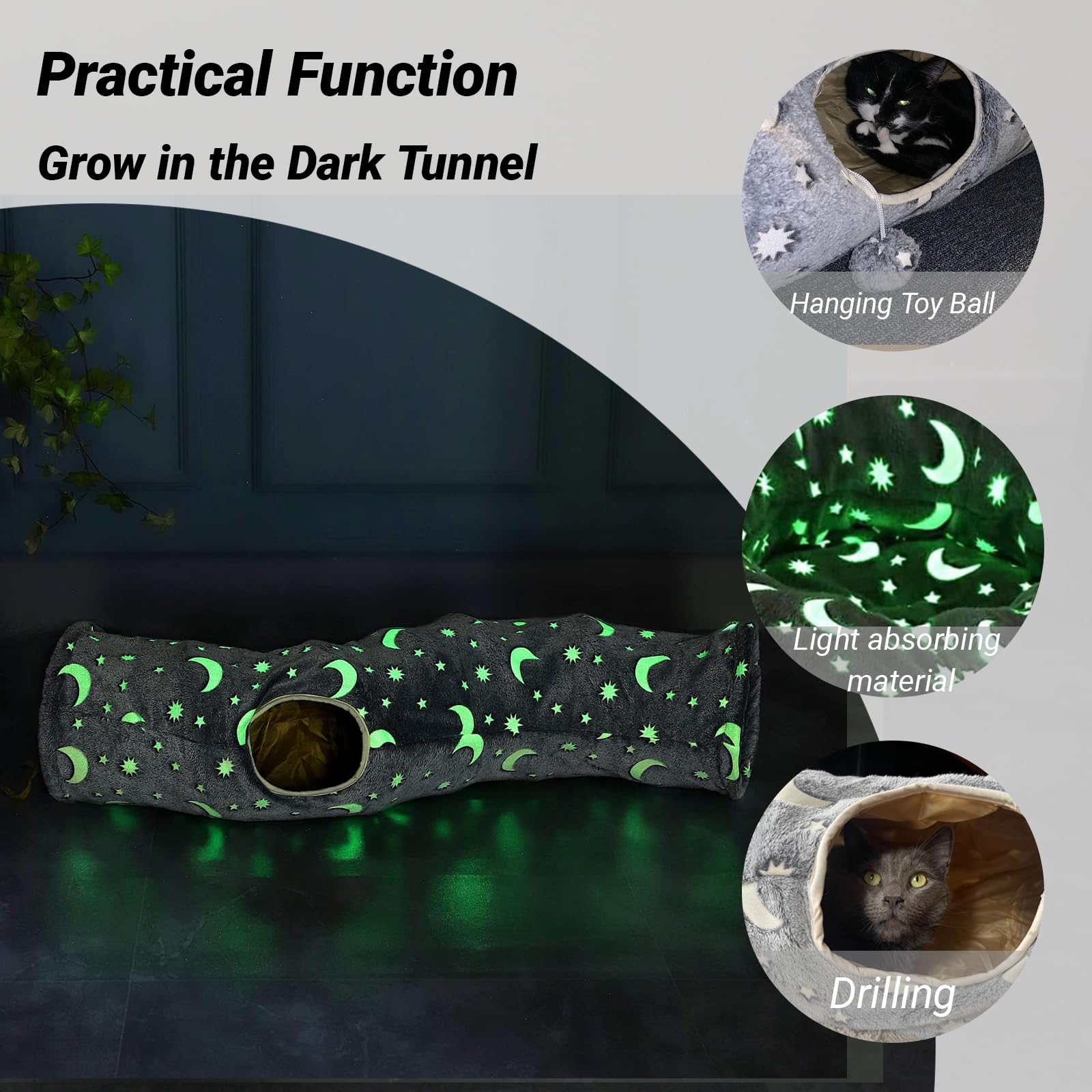Luckitty Cat Tunnel Tube With Plush Ball Toys Collapsible Self-Luminous Photoluminescence, For Small Pets Bunny Rabbits, Kittens