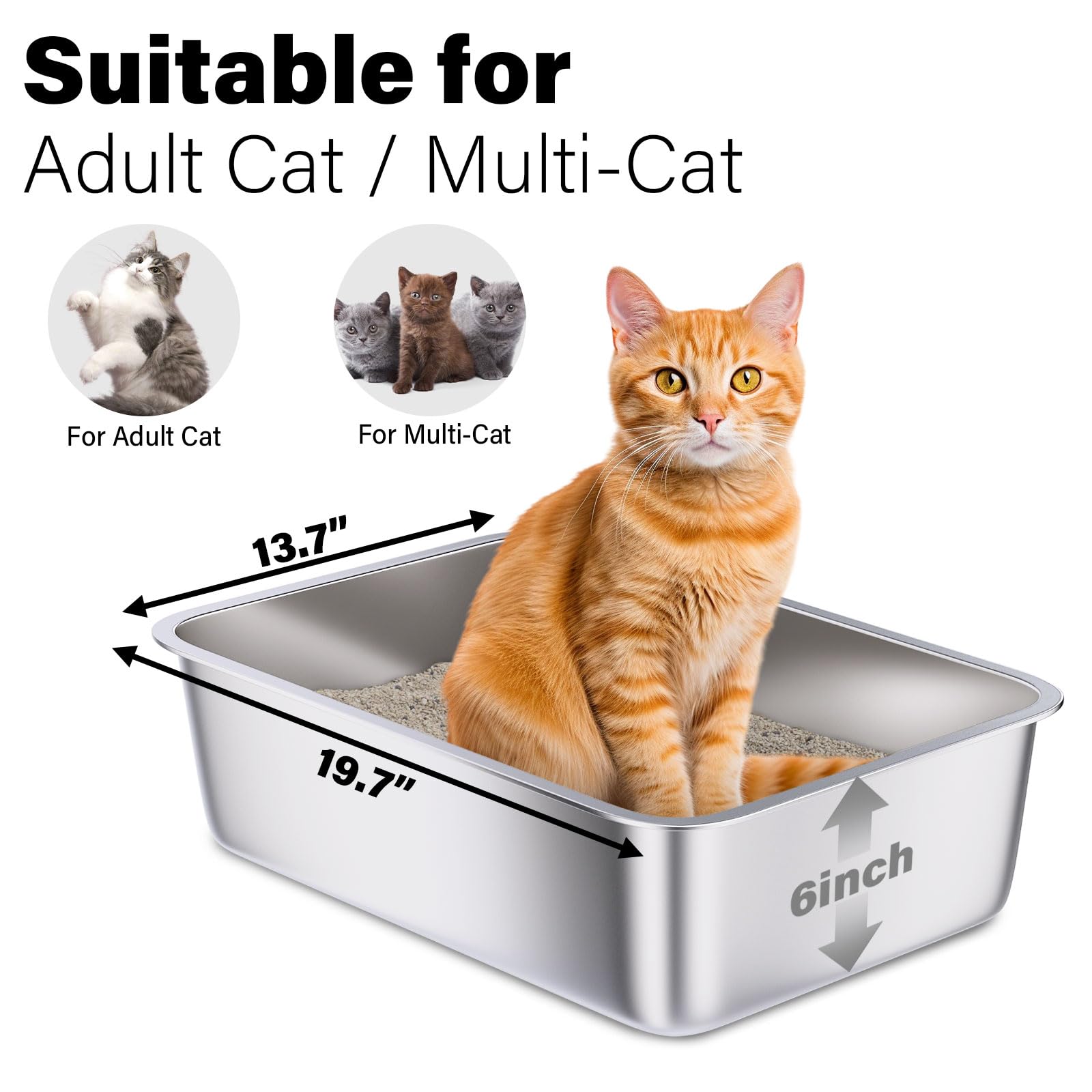 Holintan Stainless Steel Cat Litter Box, 20''X14''X6''(Height) Large Metal Litter Box, Easy To Clean, Non Stick No Smell Litterb