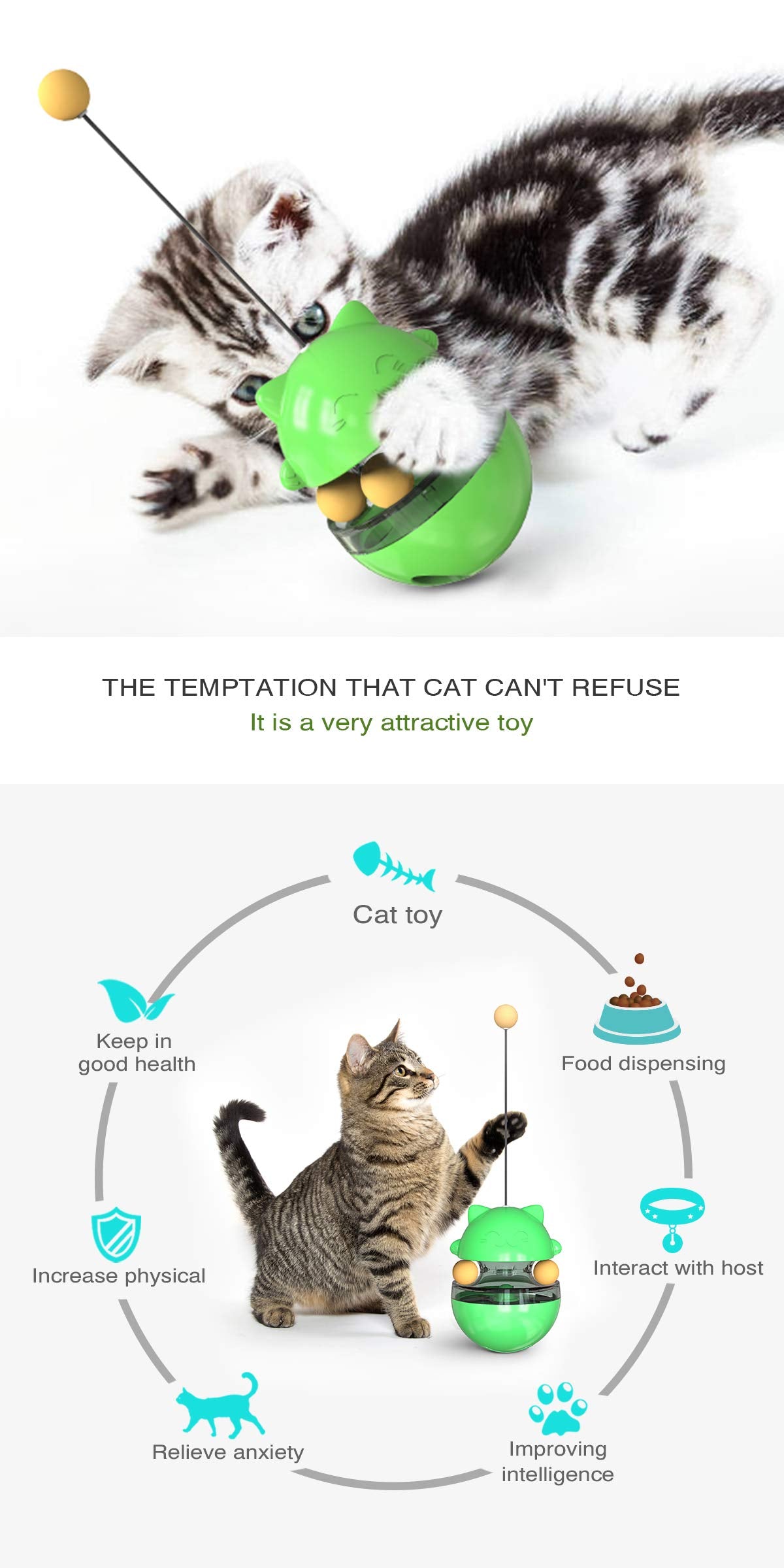 CYBERNOVA Interactive Wobble Cat Toy with a Teaser Wand, Built -in Treat Dispenser/Pet Puzzle Toy/Slow Feeder for Cats and Kitte