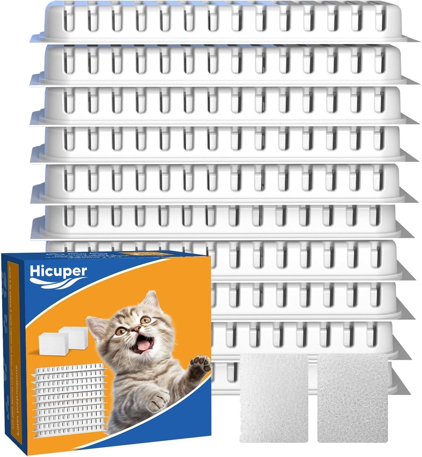 Hicuper Cat Water Fountain Filters,Replacement Filter for 108oz/3.2L Cat Fountain,10 Packs Filters & 2 Sponges Set for Stainless