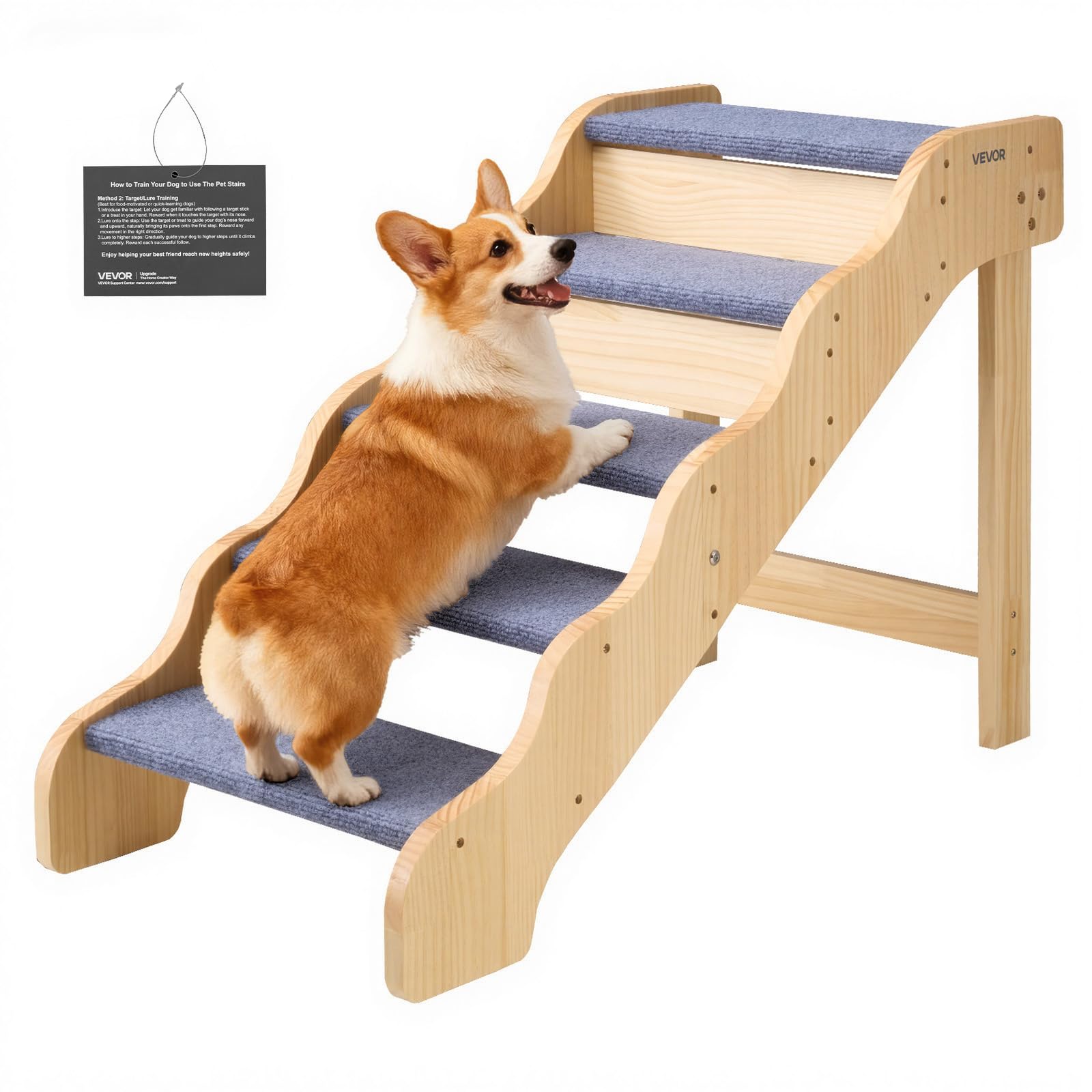 VEVOR Wood Pet Stairs, 5-Step Dog Stairs for High Beds, Sofa & Cars, 150lbs Load Capacity, Non-Slip Surface, Stable Cat & Dog St