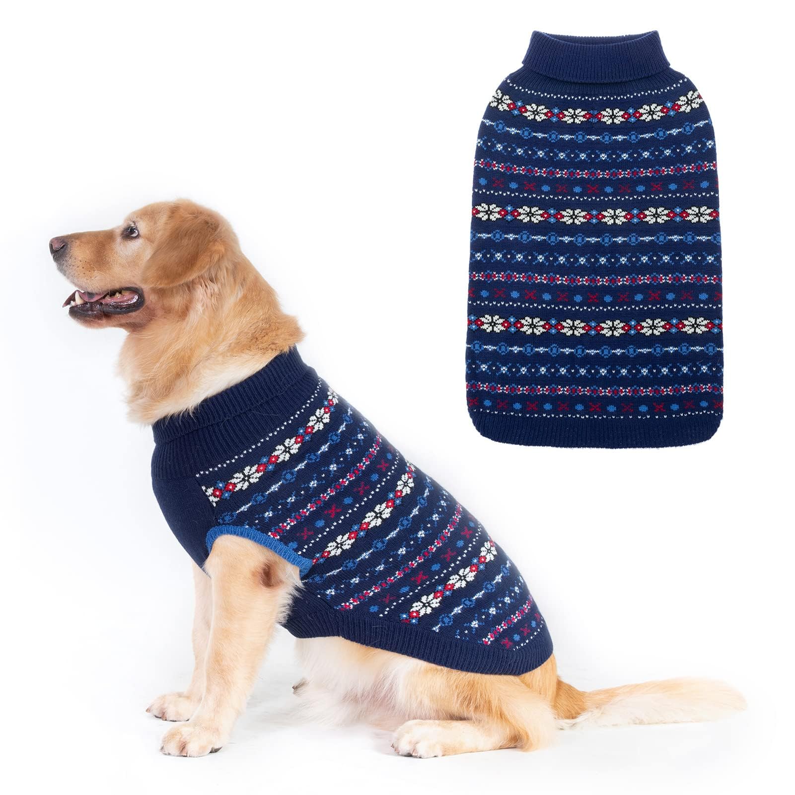 Bingpet Dog Sweaters For Large Dogs,Winter Dog Sweater Warm Clothes Boys Girls With Leash Hole,Classic Snowflake Doggy Knitwear 