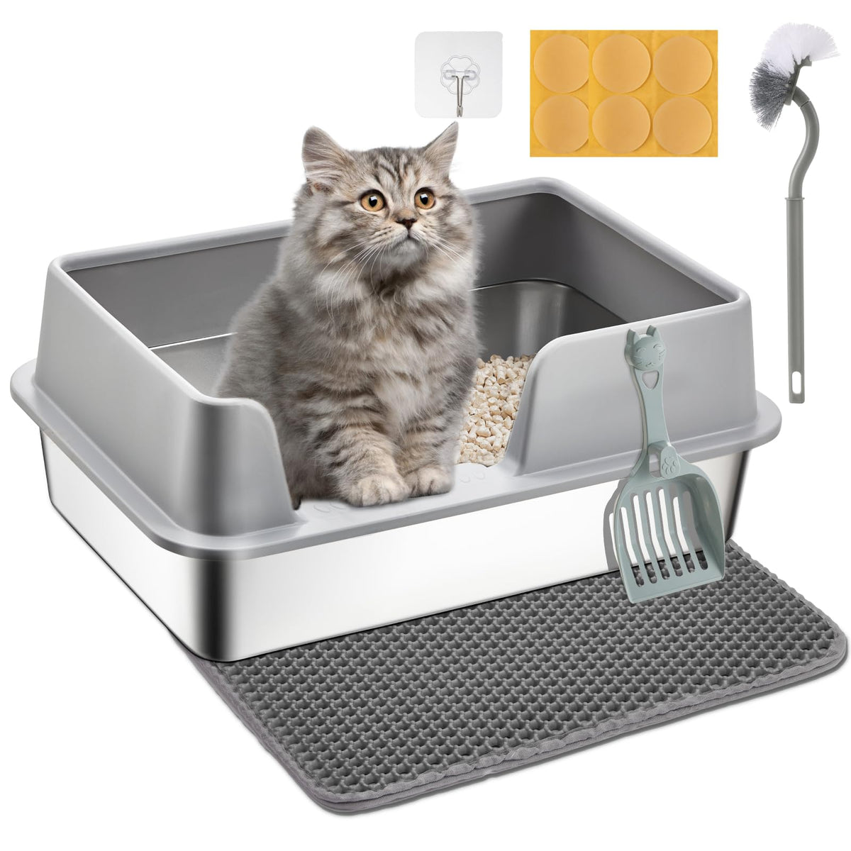 Papettly Stainless Steel Litter Box - Cat Metal Litter Box Small Cat Litter Pan, Easy Cleaning & Odor-Less (18'' X 14'' X 4)