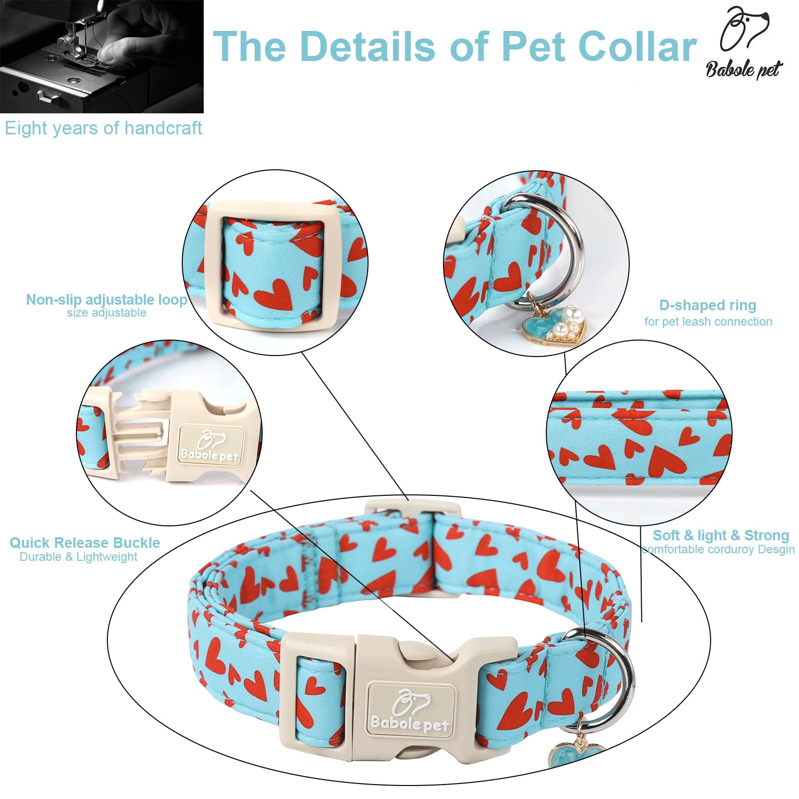Babole Pet Valentines Dog Collar for Medium Dogs - Design Cute Light Blue Valentine Dog Collars Boy Girl Puppy Adjustable Quick