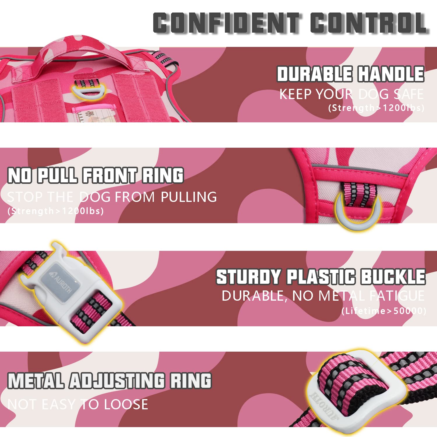 Auroth Tactical Pet Harness For Small Medium Large Dogs No Pull Adjustable, Reflective K9 Working Training Easy Control Vest Military Service Dog, Medium, Pink Camo