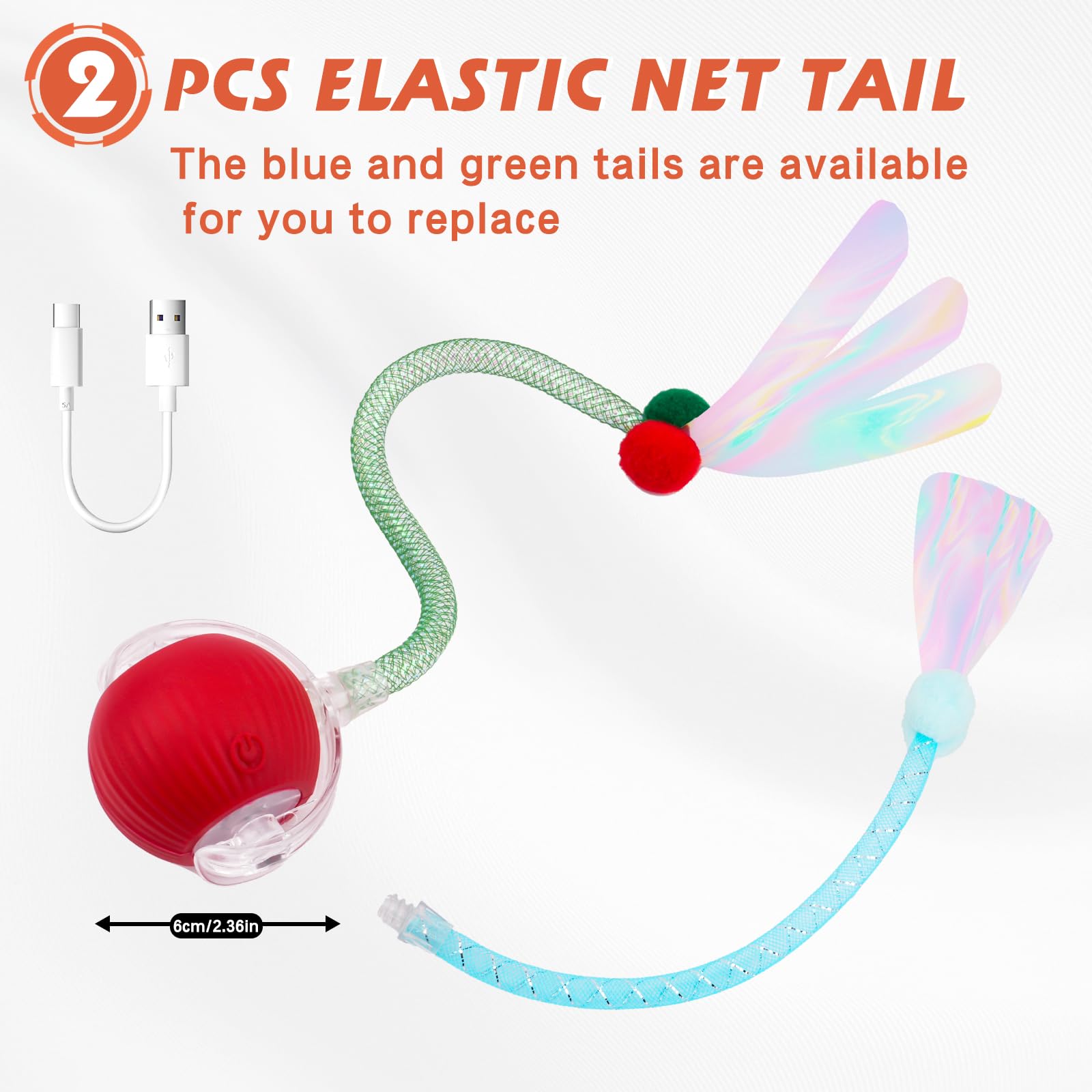 Interactive Cat Toys for Indoor Cats, Speedy Tail 2.0 Cat Toy, Smart Moving Ball Toys for Kitten Adult Cats with 2 Pcs Elastic M