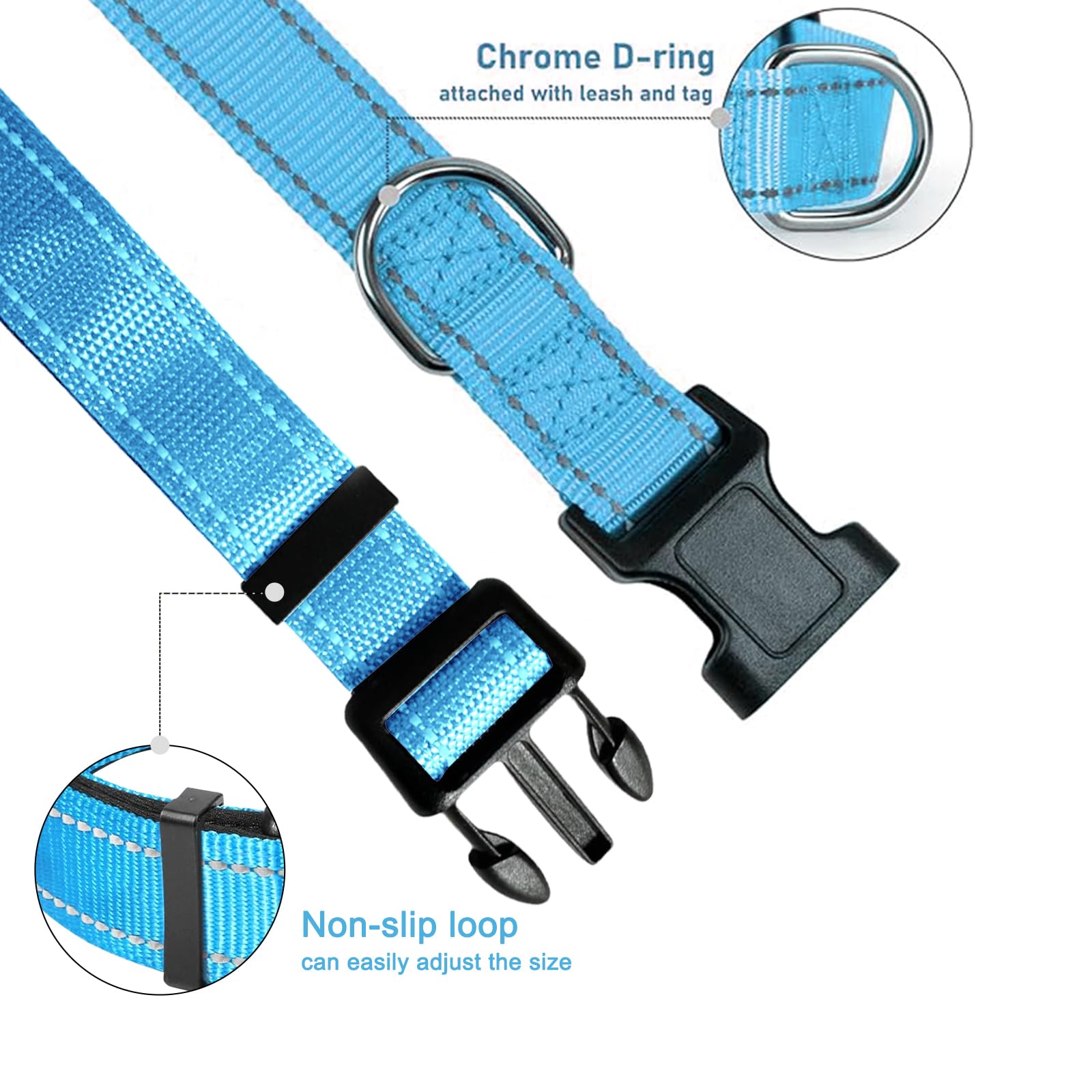 Blue Dog Collar, Reflective Pet Collar with Buckle Adjustable Safety Nylon Collars for Small Medium Large Dogs, S