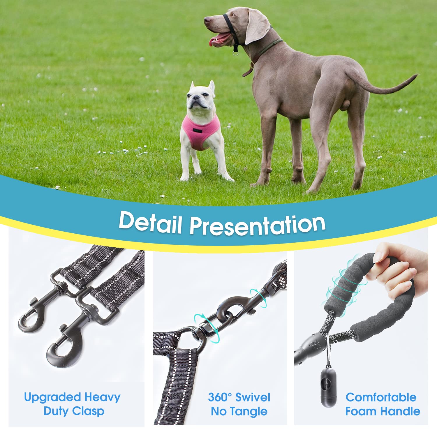 Baapet Double Dog Leash, 4 Ft Rope Dog Leash With Tangle Free Shock Absorbing Bungee And Poop Bags For Dual Small Medium Large Dogs (Small, Black)