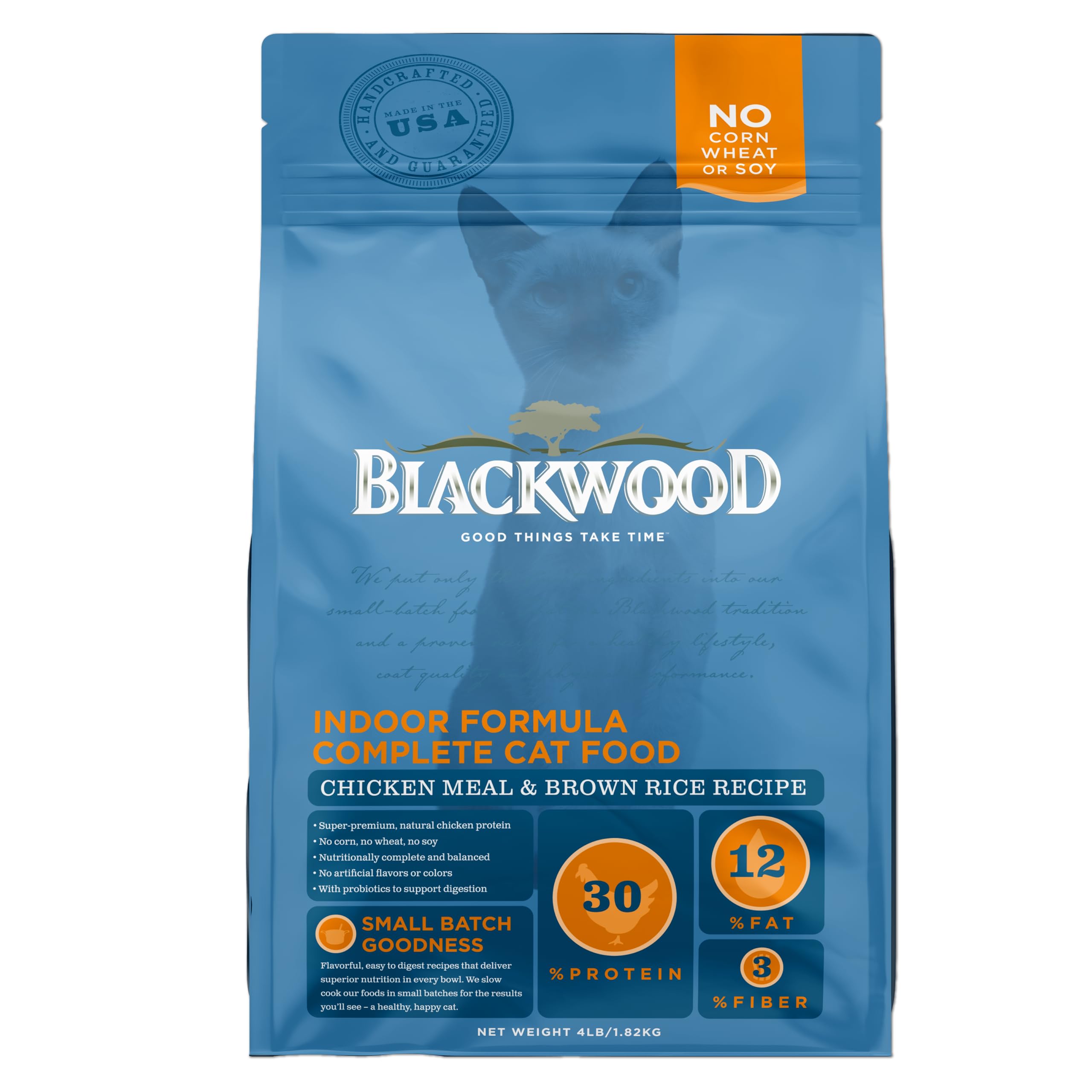Blackwood Dry Cat Food, Indoor Formula, Chicken Meal & Brown Rice Recipe, 4 Pound Bag, High Protein, Slow Cooked