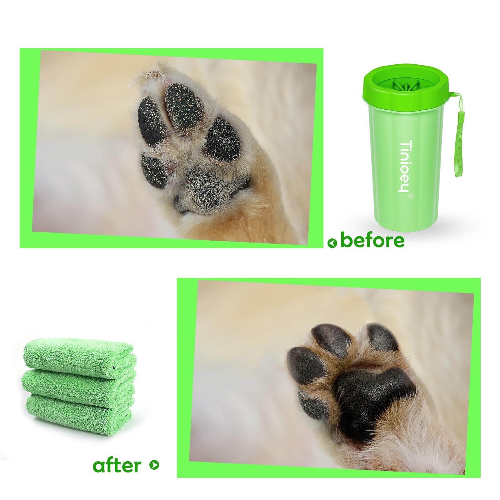 Paw Cleaner For Large Dogs With 3 Towels & Bath Brush, Muddy Foot Washer For Pets (Green)