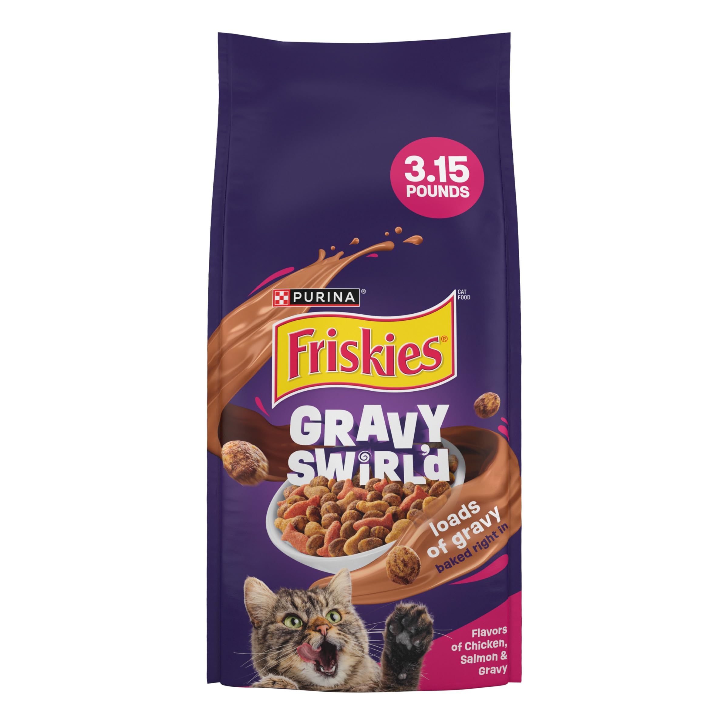 Purina Friskies Dry Cat Food Gravy Swirld With Flavors of Chicken, Salmon and Gravy - 3.15 lb. Bag