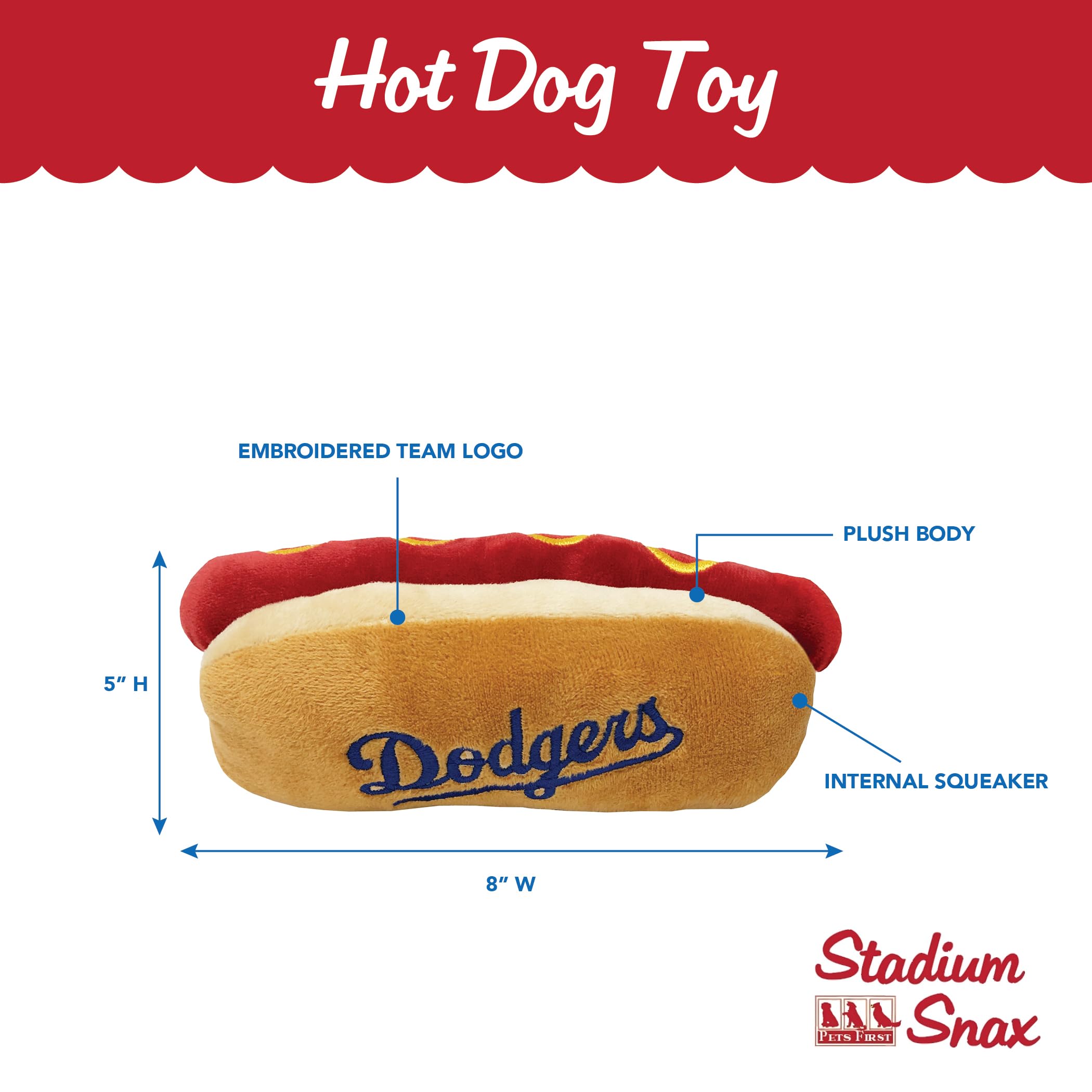 Mlb Los Angeles Dodgers Plush Dog Toys - Stadium Theme Snacks - Cutest Plush Hot-Dog Toy For Dogs & Cats With Inner Squeaker & P