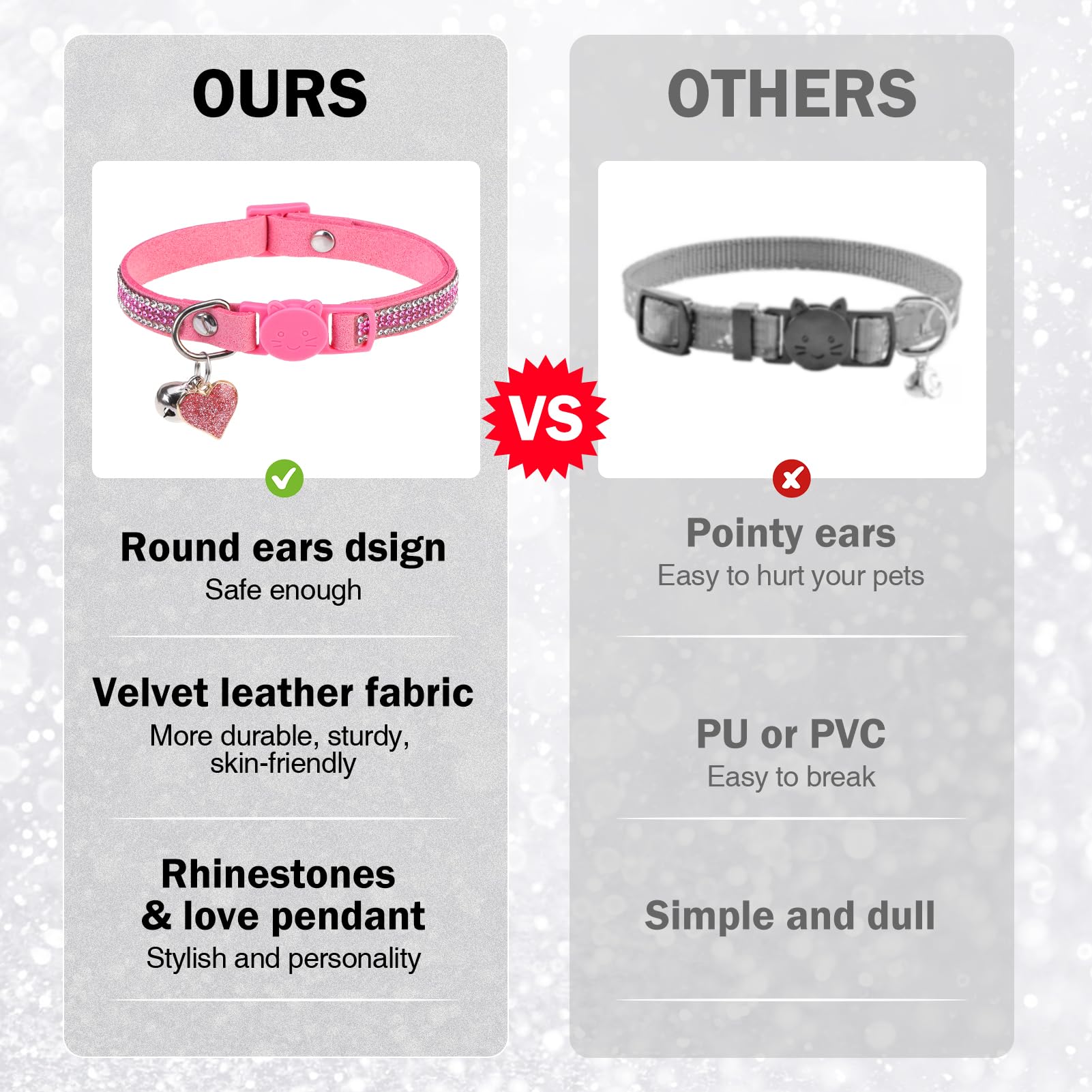 Dillybud Rhinestone Cat Collar Breakaway With Bell Safety Buckle, 2 Pack Bling Diamond Kitten Collar For Gril Cats, Soft Velvet