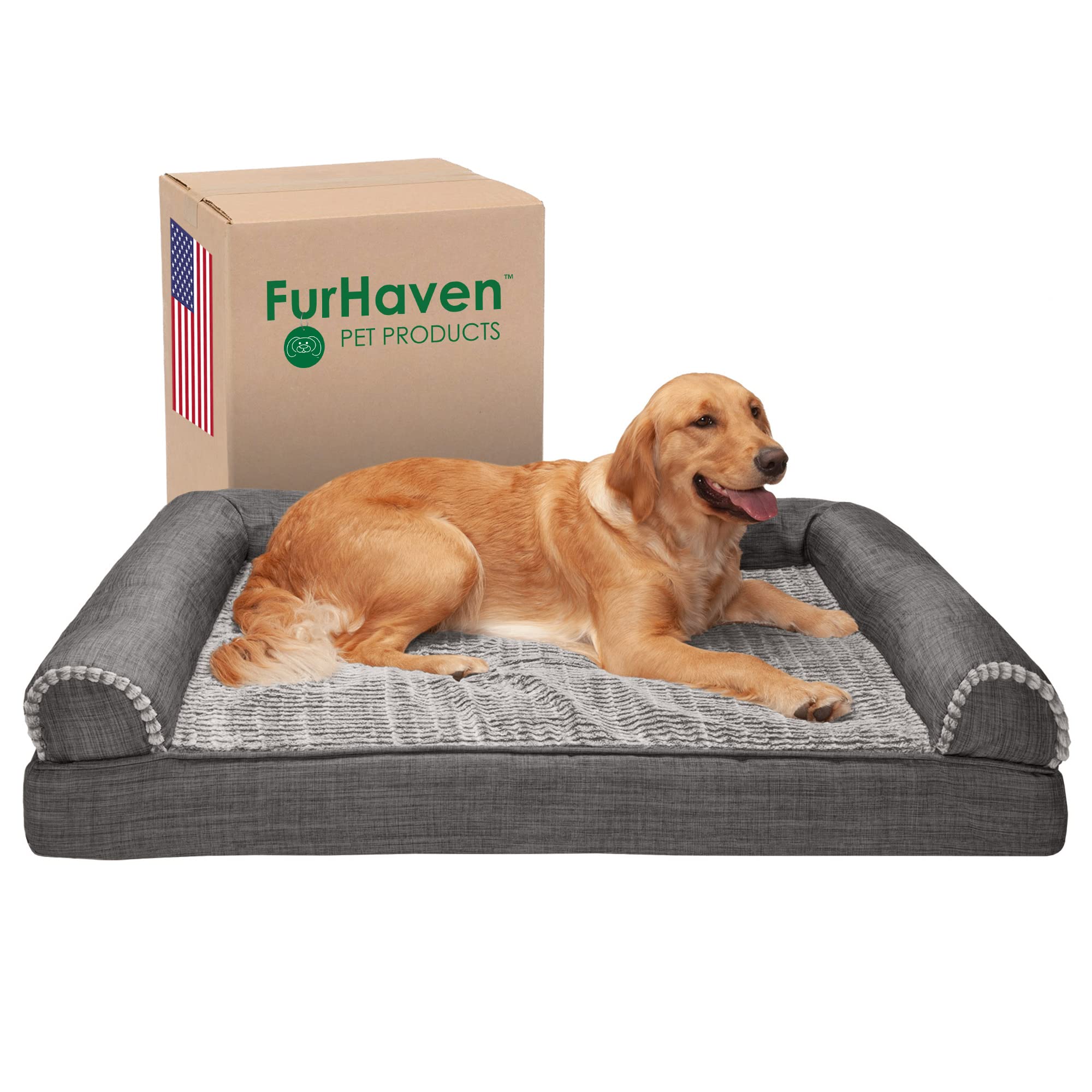 Furhaven Xl Cooling Gel Foam Dog Bed Luxe Faux Fur & Performance Linen Sofa-Style W/ Removable Washable Cover - Charcoal, Jumbo (X-Large)