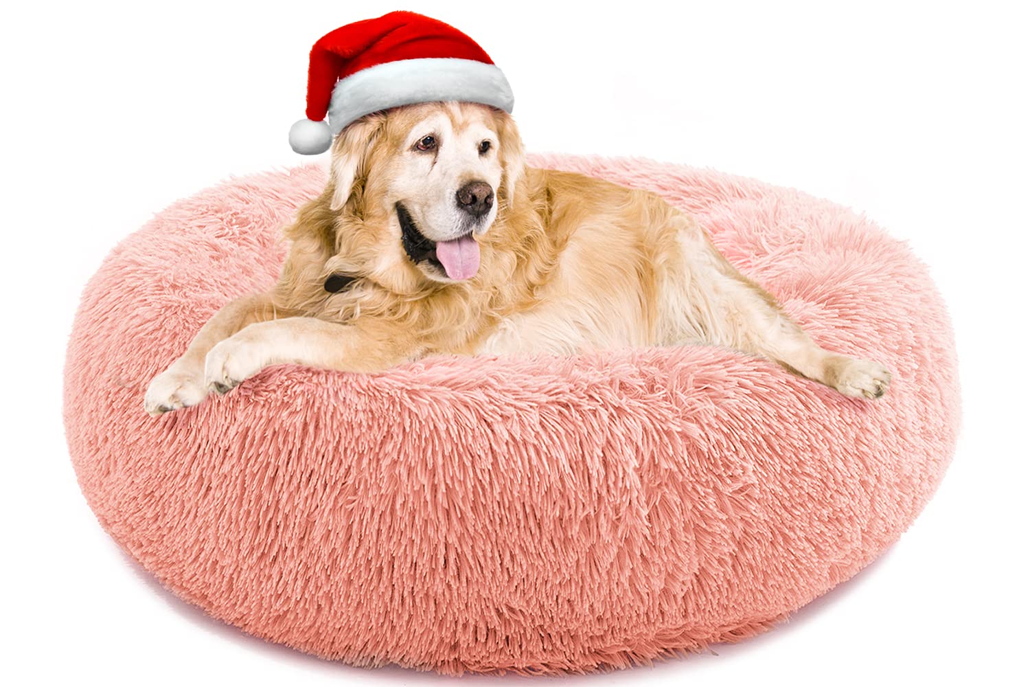 Calming Dog Bed For Large Dogs, Anti Anxiety Donut Dog Bed, Round Dog Bed, Plush Faux Fur Dog Bed, Fluffy Dog Bed, Soft Cozy Pet Bed, Machine Washable, 36X36Inch Pink