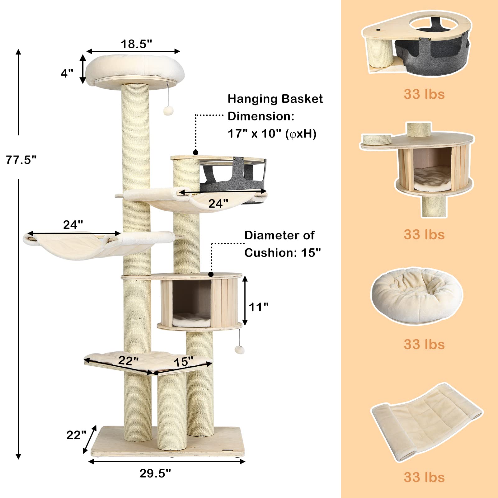 Petsite 77.5'' Tall Cat Tree, Multi-Level Modern Cat Tower With Sisal Scratching Posts, Top Perch, Cat Condo, Hammocks, Hanging
