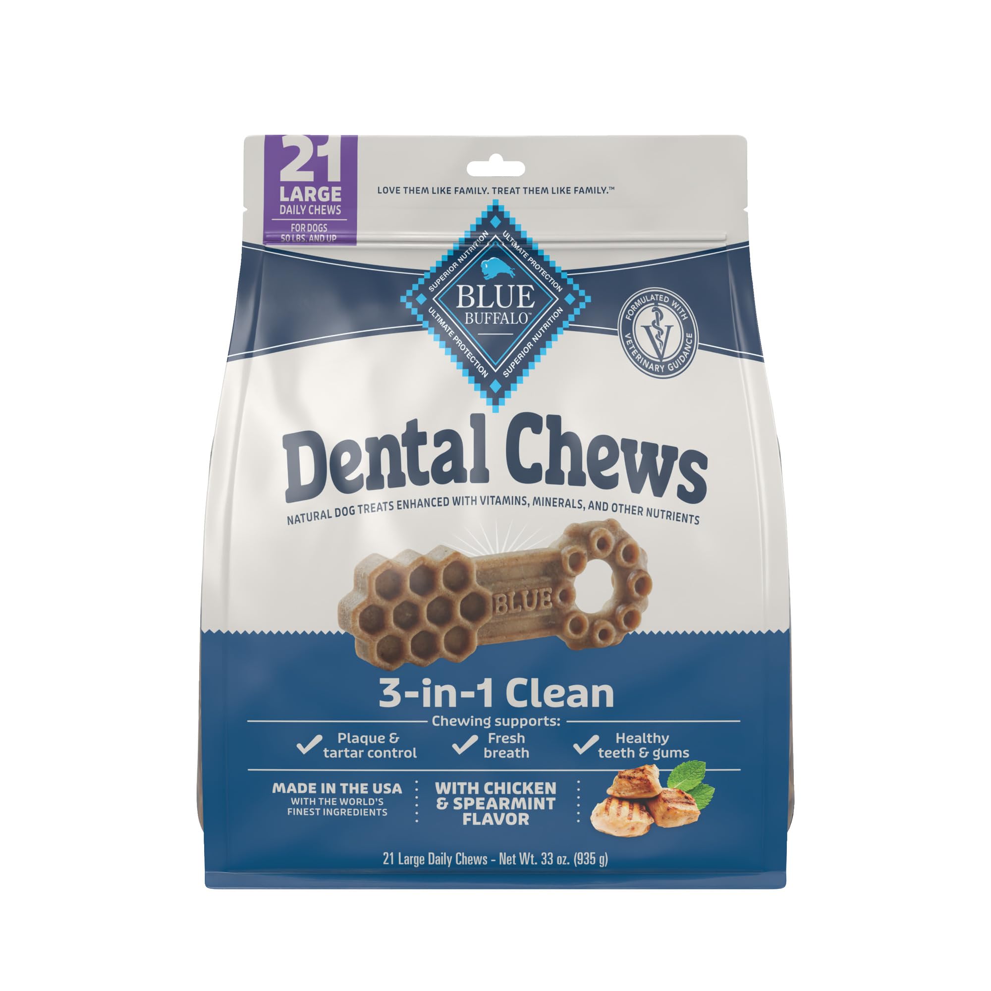 Blue Buffalo Dental Chews Large Natural Dog Treats, Chicken & Spearmint 33-oz Bag (21 Count)