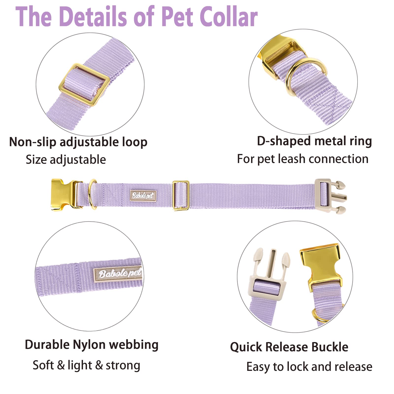 Babole Pet Nylon Dog Collar - Adjustable Lavender Soft Webbing Dog Collars For Small Medium Large Dogs Boy Girl Puppy Collar Wit