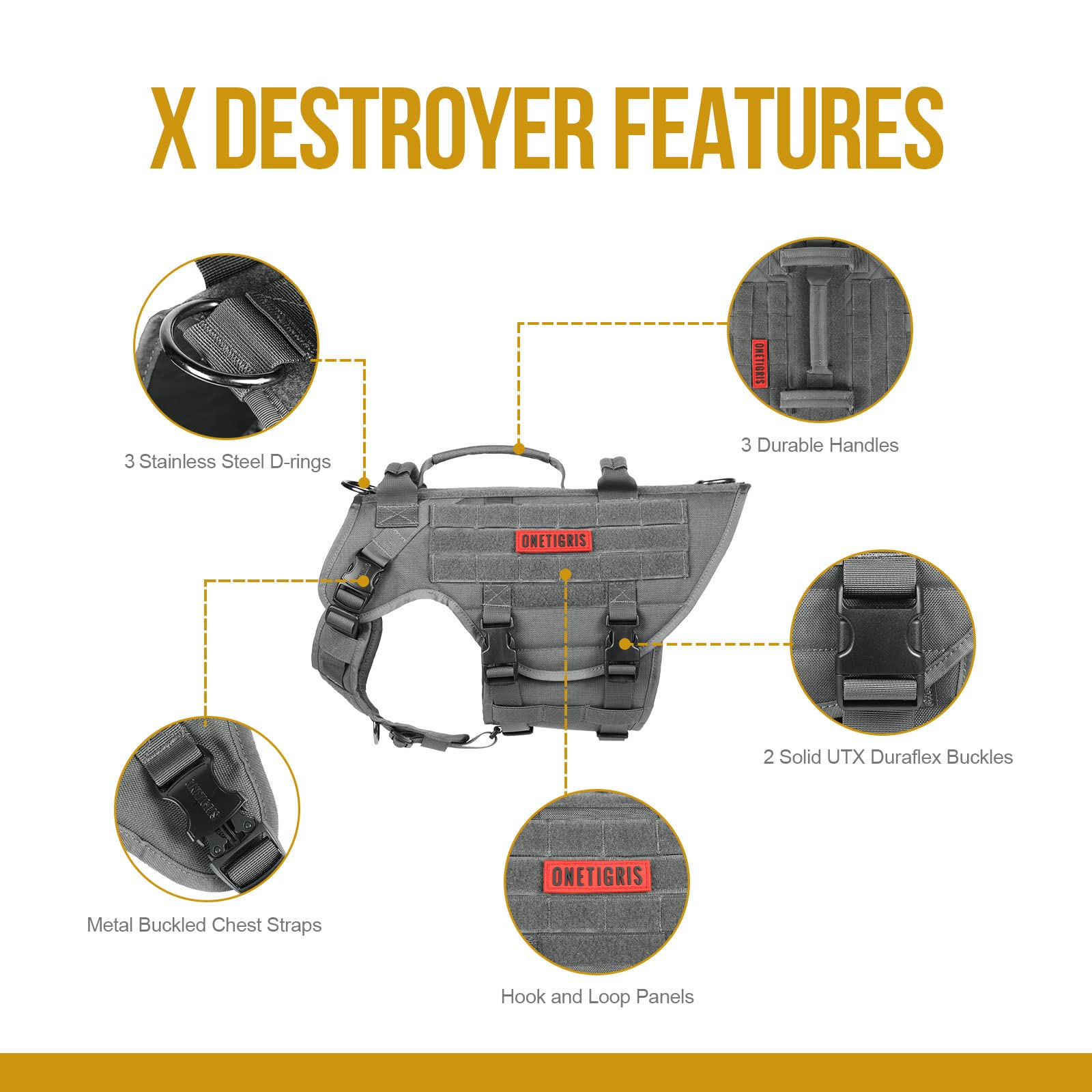 OneTigris Large Tactical Dog Harness, No Pulling Adjustable Dog Vest Harness, Heavy Duty X Destroyer Dog Harness with Handle, La