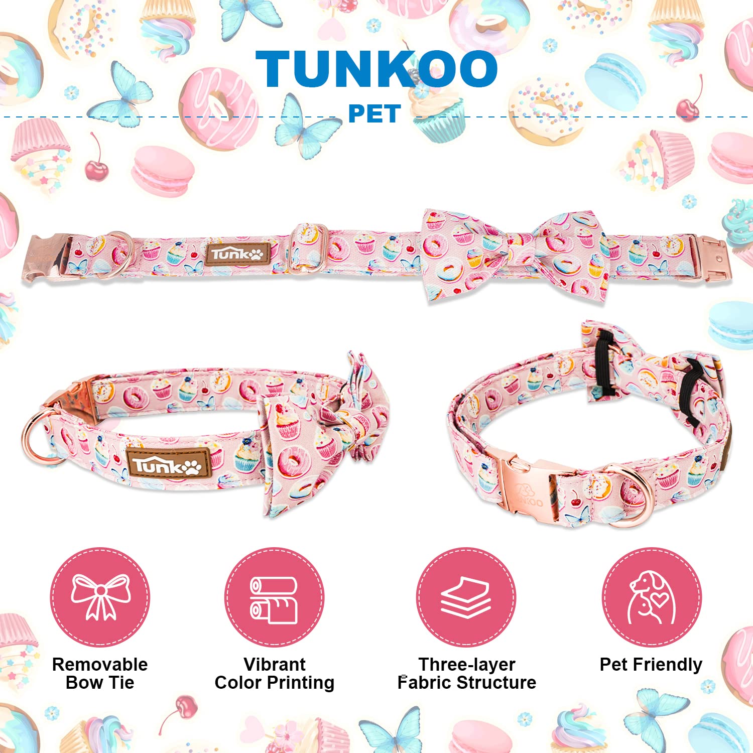 Tunkoo Pink Dog Collar With Bow Tie Cute Cake - Durable, Adjustable, And Stylish Pet Collar Available In Small Medium Large S