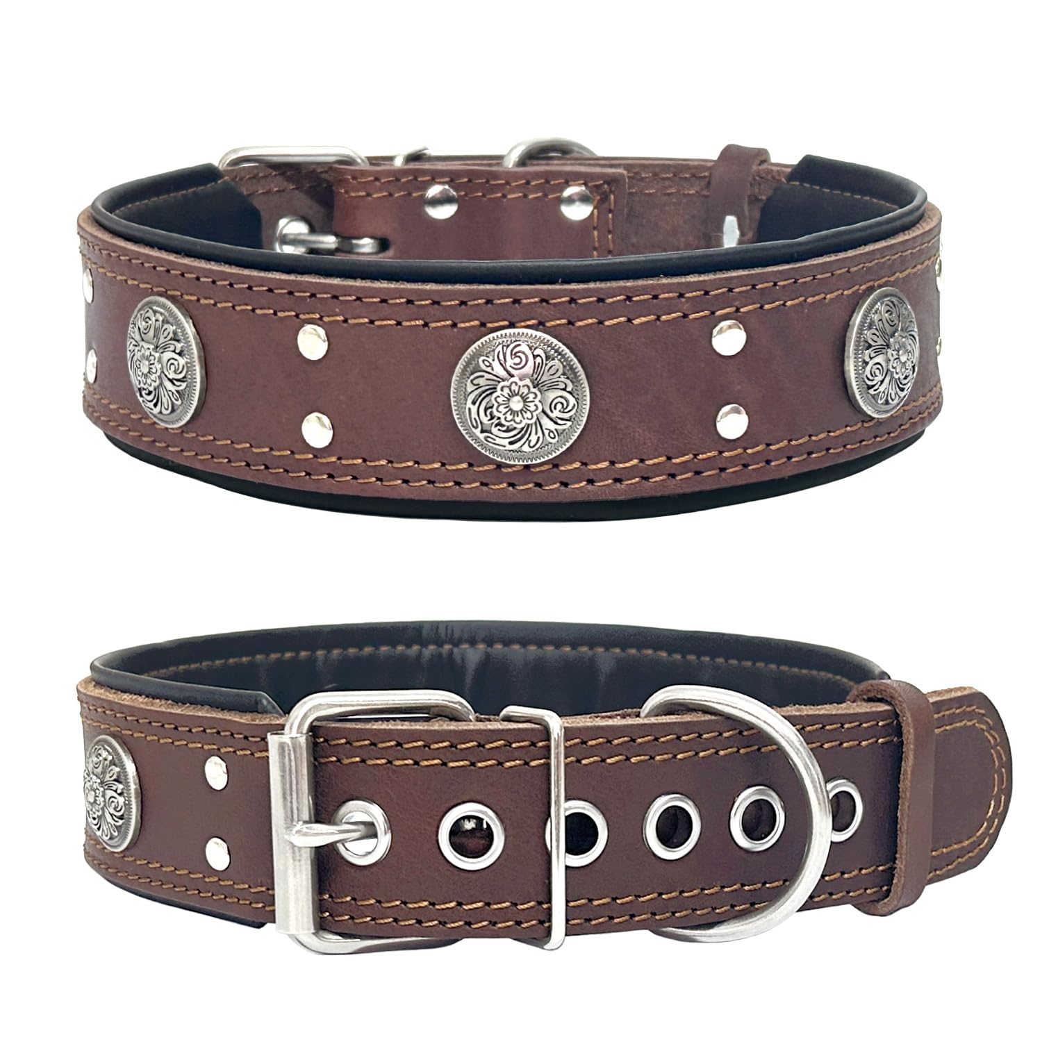 Leather Dog Collar For Large Medium Dogs, Heavy Duty 2 Inches Wide Pet Collars, Thick, Strong, Luxury And Studded Dog Collars Br