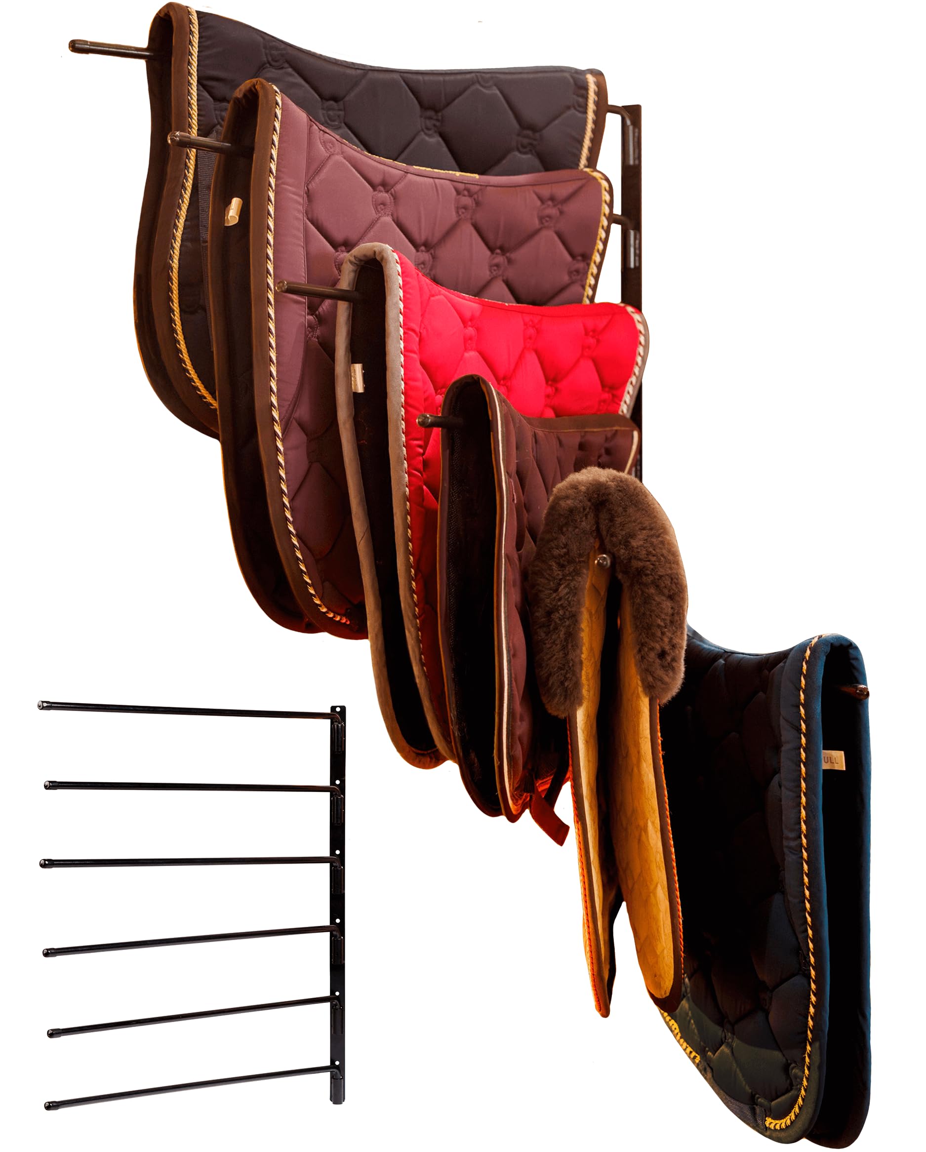 Saddle Pad Rack - Horse Blanket Holder | Heavy Duty 180 Degree Swing-Out Wall Mount | Six (6) Well-Spaced, Extra-Long Rack Arms 