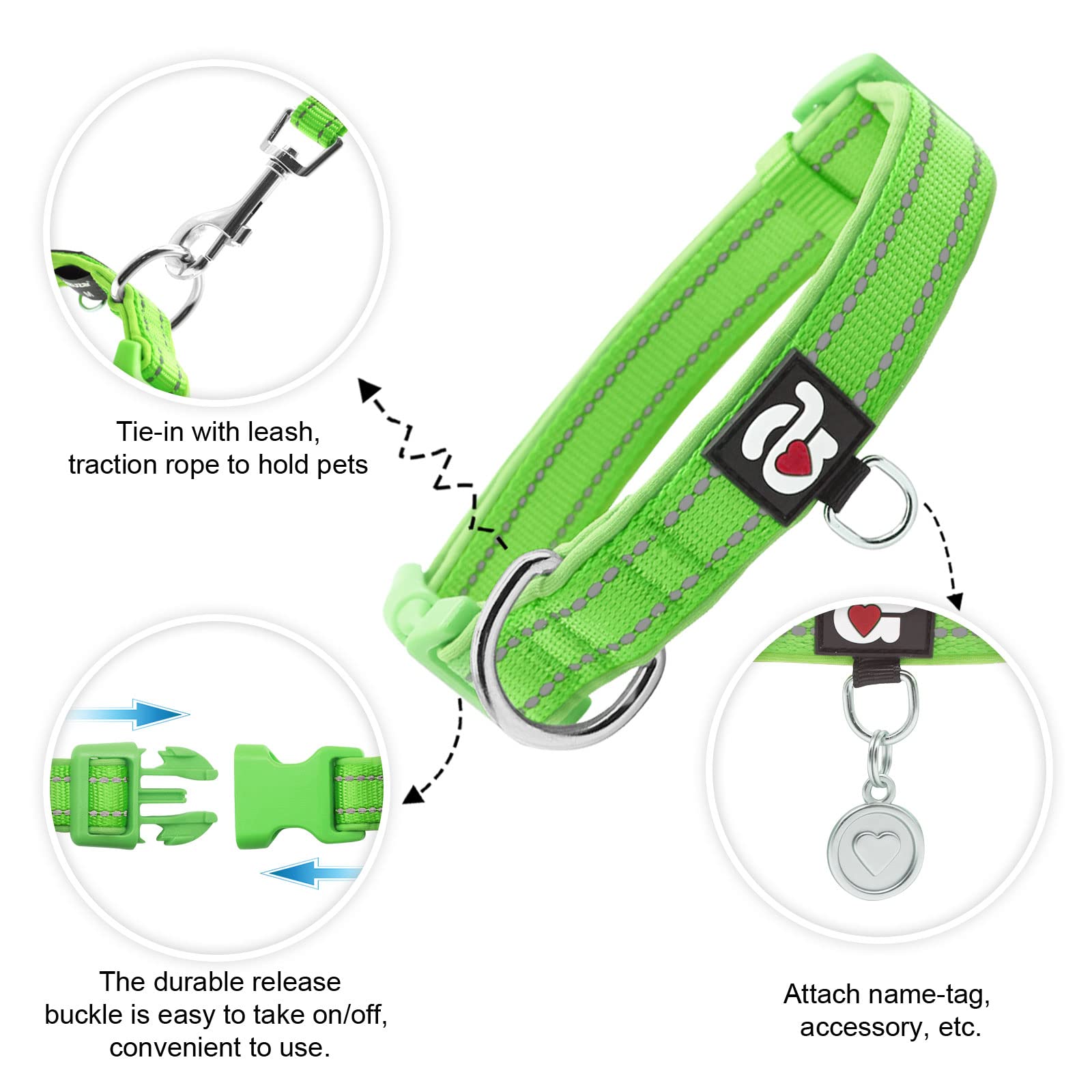 Azuza Reflective Dog Collar, Soft Neoprene Padded Pet Collar With Id Tag Ring, Adjustable For Large Dogs,Green,L